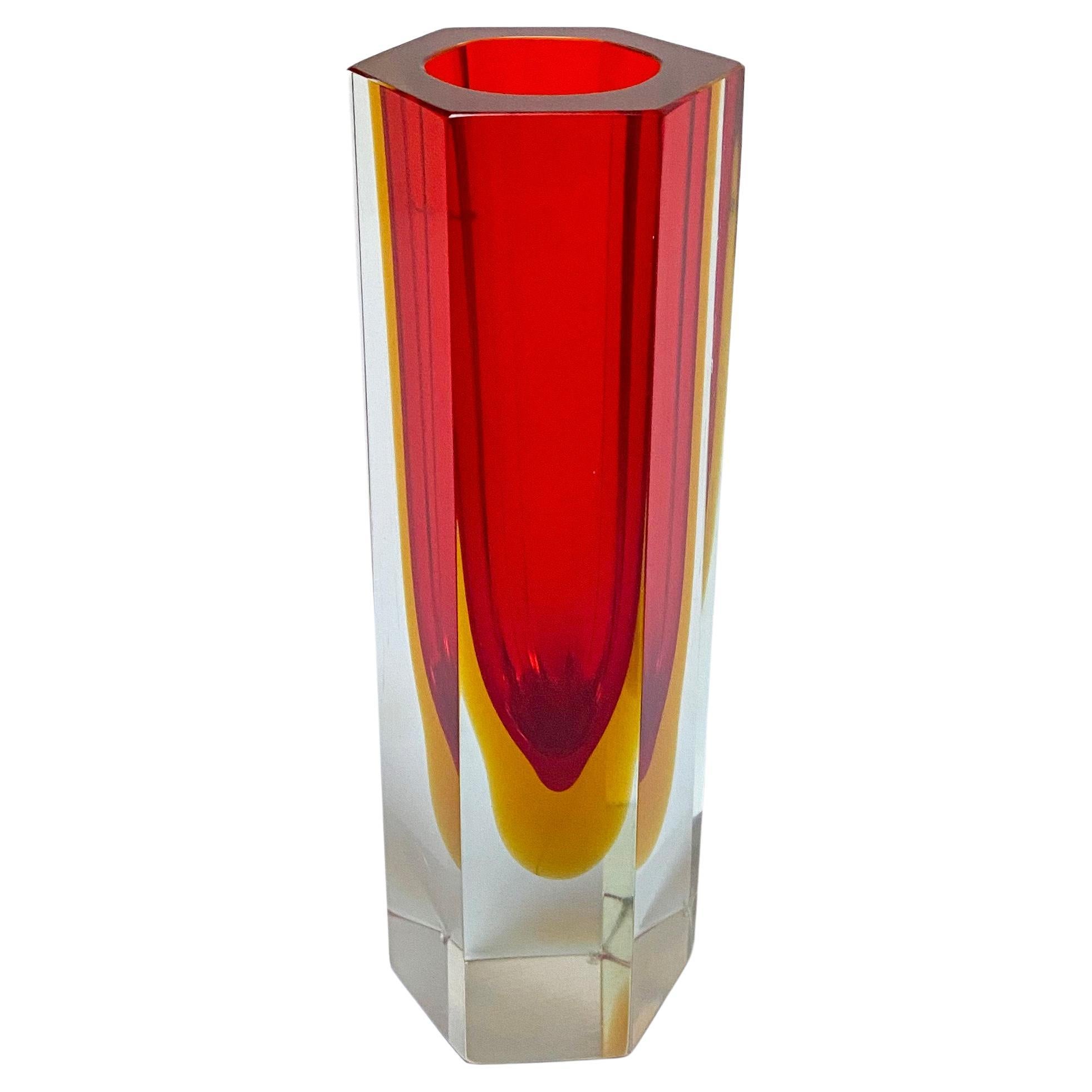 Vintage Geometric Vase in Massive Red "Sommerso" Murano Glass, Flavio Poli Style For Sale