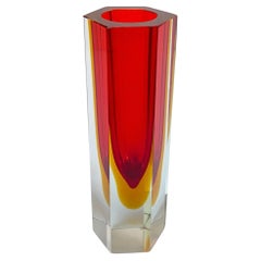 Vintage Geometric Vase in Massive Red "Sommerso" Murano Glass, Flavio Poli Style