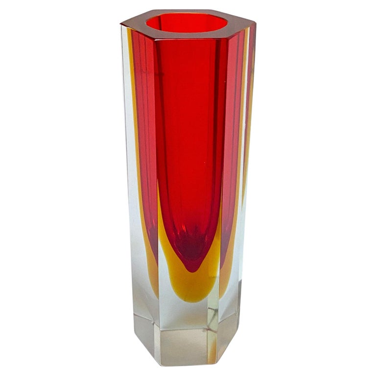 Vintage Geometric Vase in Massive Red "Sommerso" Murano Glass, Flavio