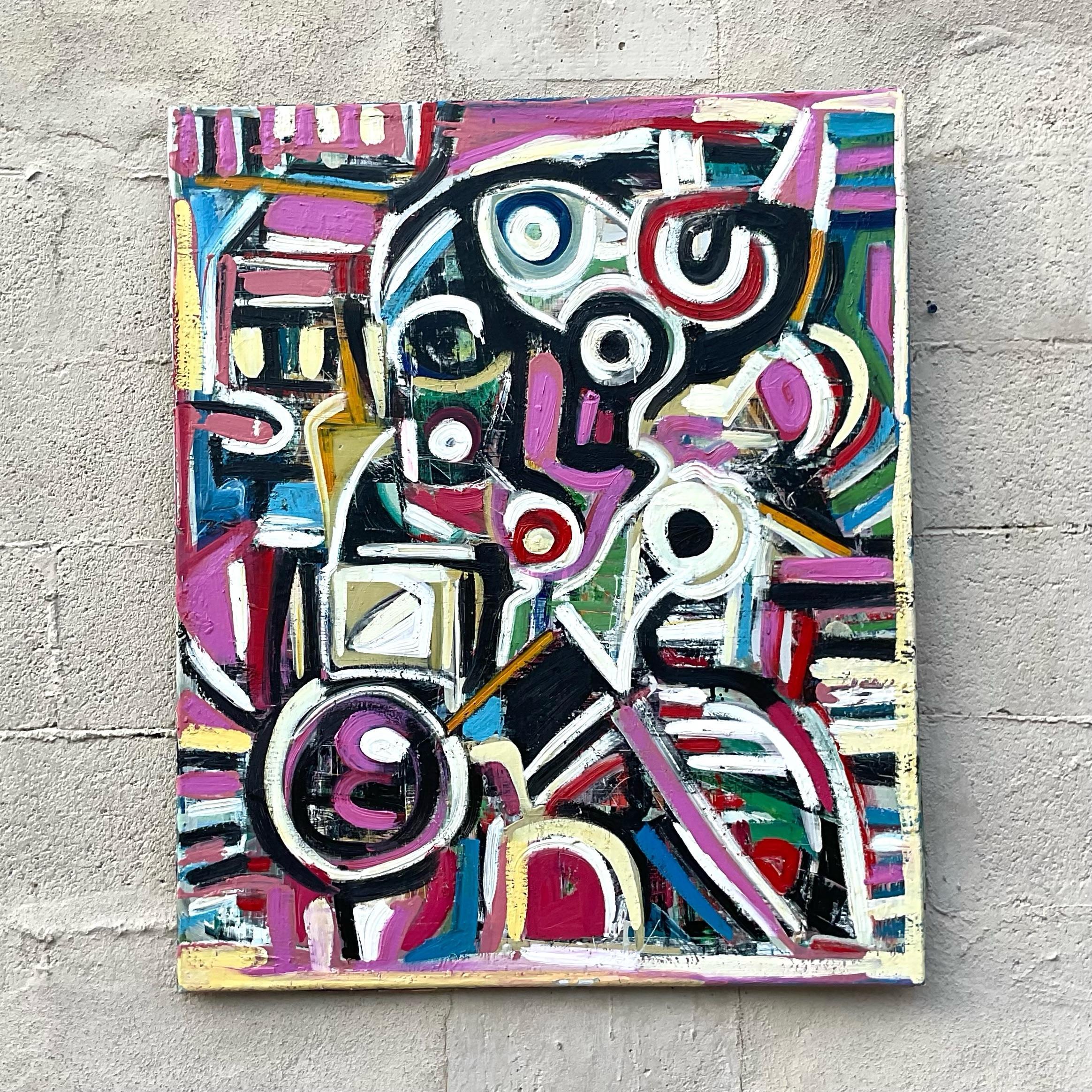 Vintage Terry J Frid oil on canvas fabulous vibrantly placed abstract geometric shapes. Frid is known for his vibrancy and ability to capture movement with an element sophistication not often found in abstract art. Other pieces by this artist and