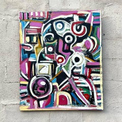 Vintage Geometric Vibrant Terry J Frid Oil on Canvas