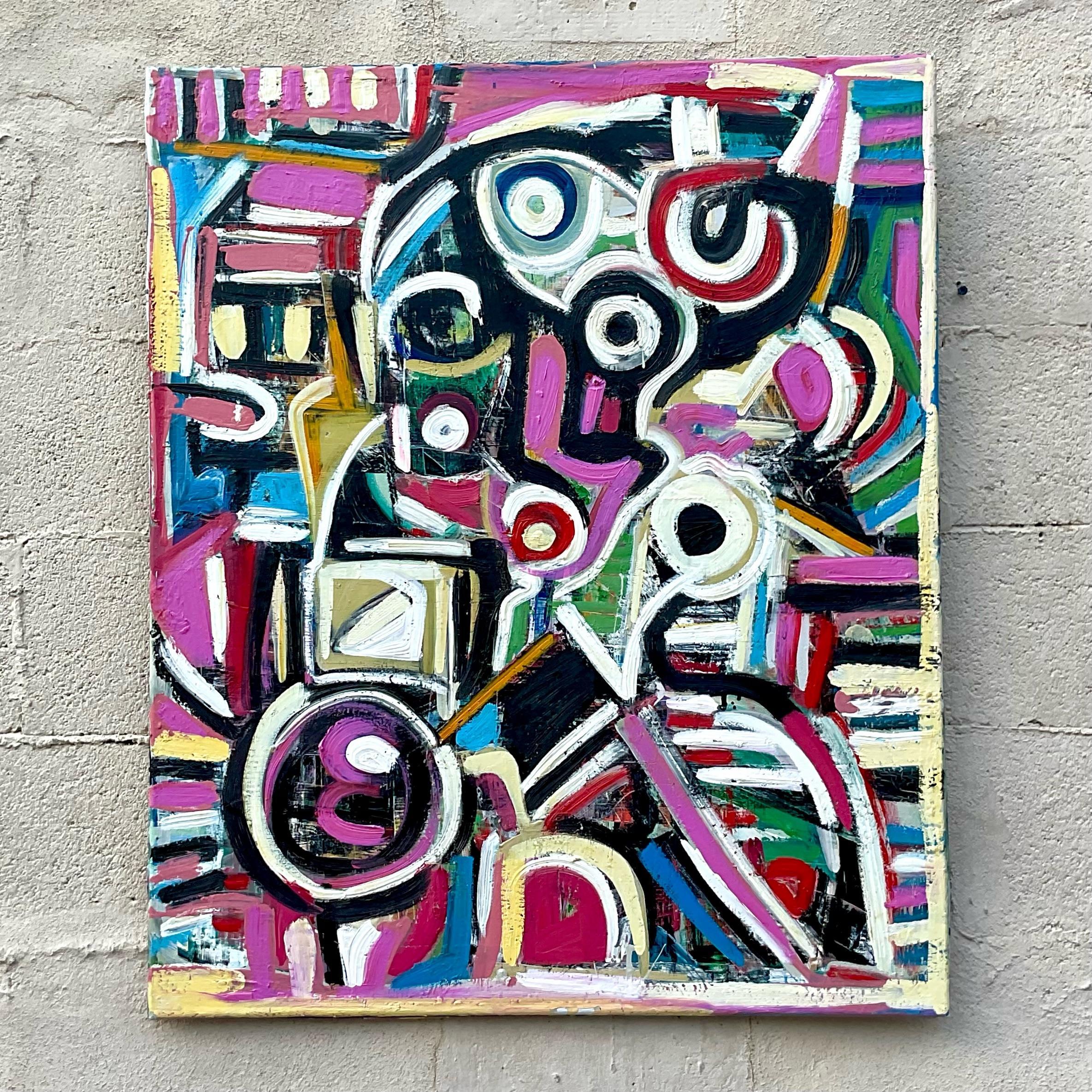 North American Vintage Geometric Vibrant Terry J Frid Oil on Canvas For Sale
