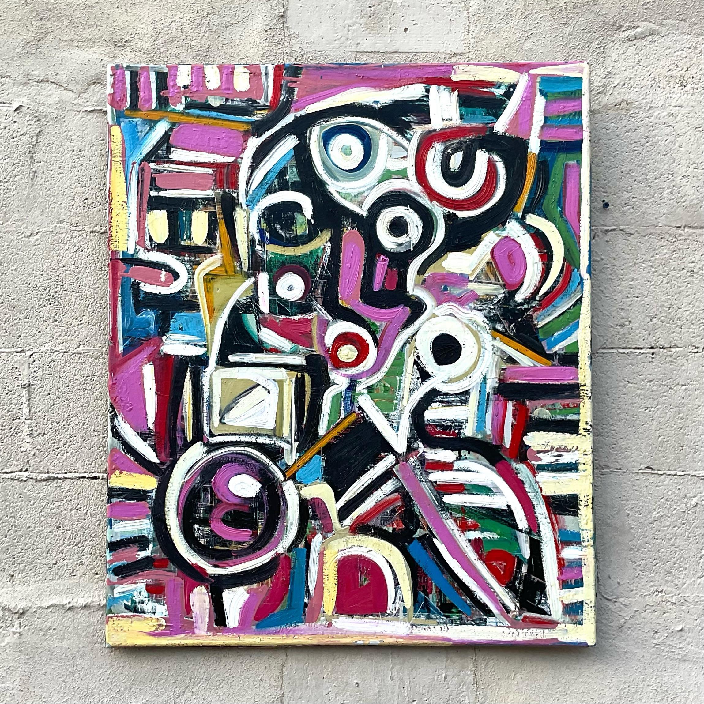 Vintage Geometric Vibrant Terry J Frid Oil on Canvas In Good Condition For Sale In west palm beach, FL