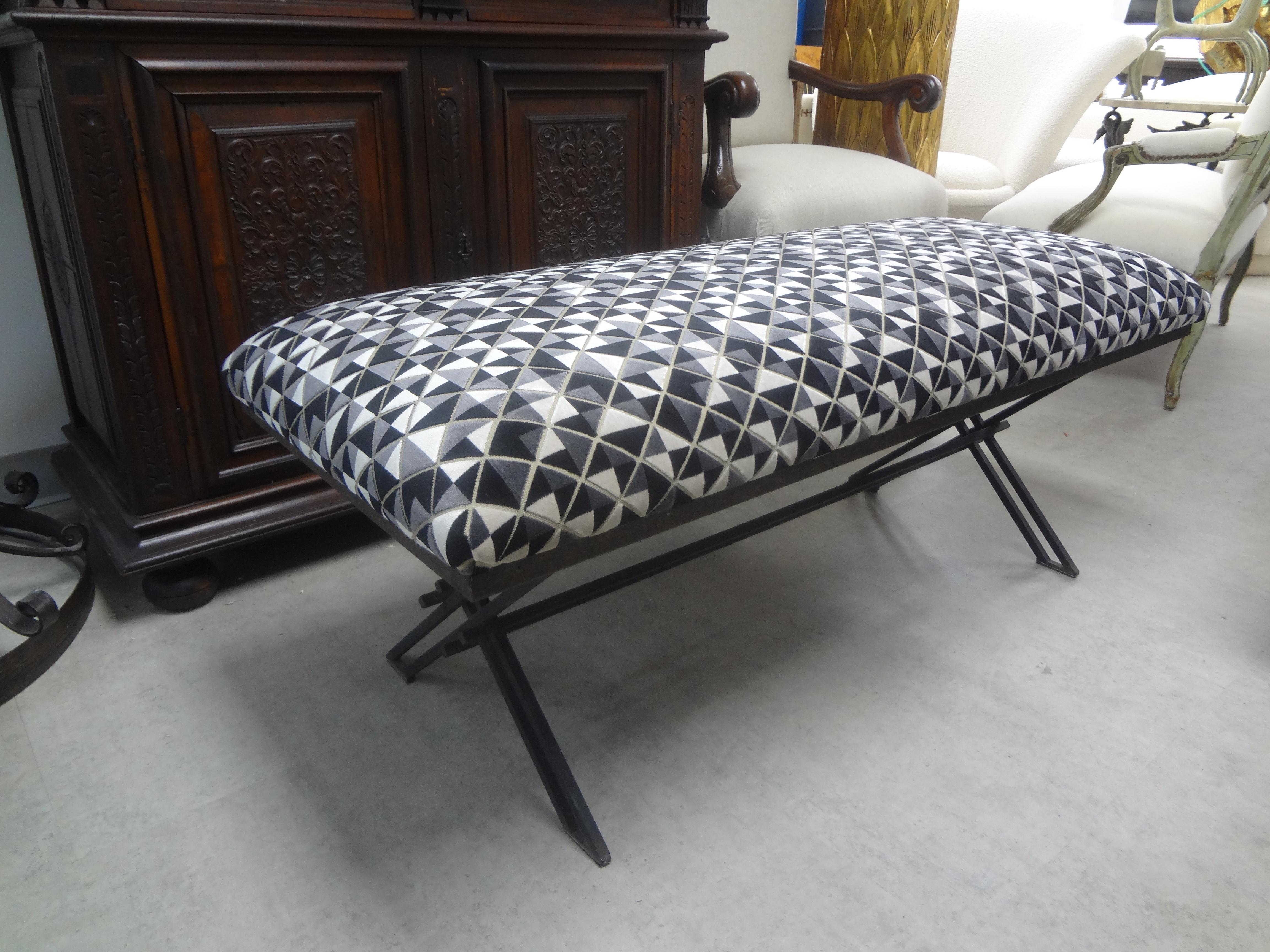 Vintage geometric wrought iron bench. This stunning heavy weight midcentury iron modernist bench has been professionally upholstered in a stunning plush geometric cut velvet fabric. This versatile bench is perfect for a hall, living area, or bedroom.