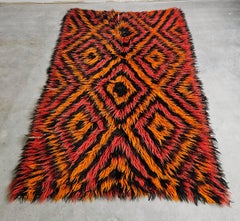 Vintage Geometrical Tulu Rug in orange, red and black wool, Yugoslavia 1960s
