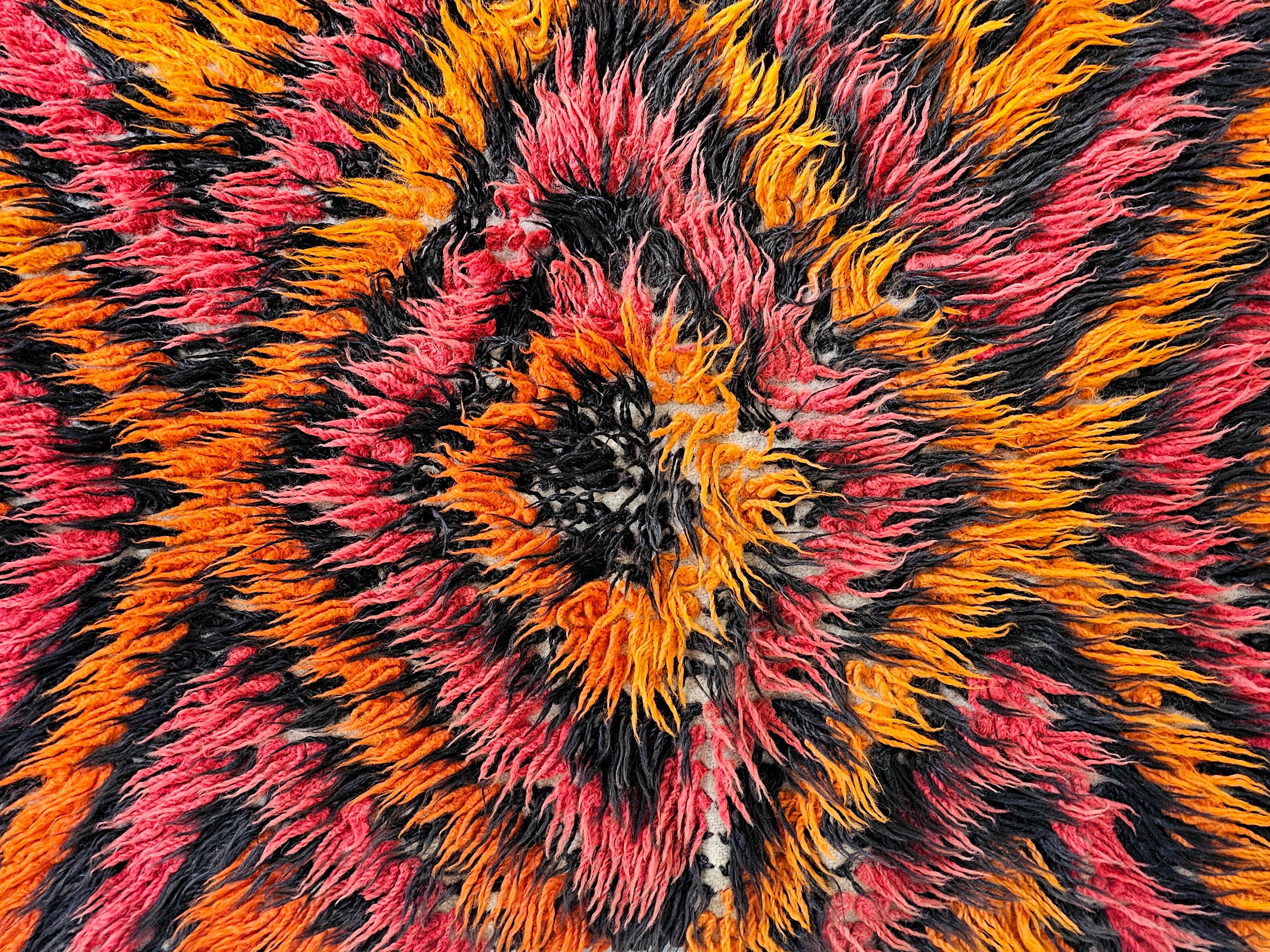 Mid-20th Century Vintage Geometrical Tulu Rug in orange, red and black wool, Yugoslavia 1960s For Sale