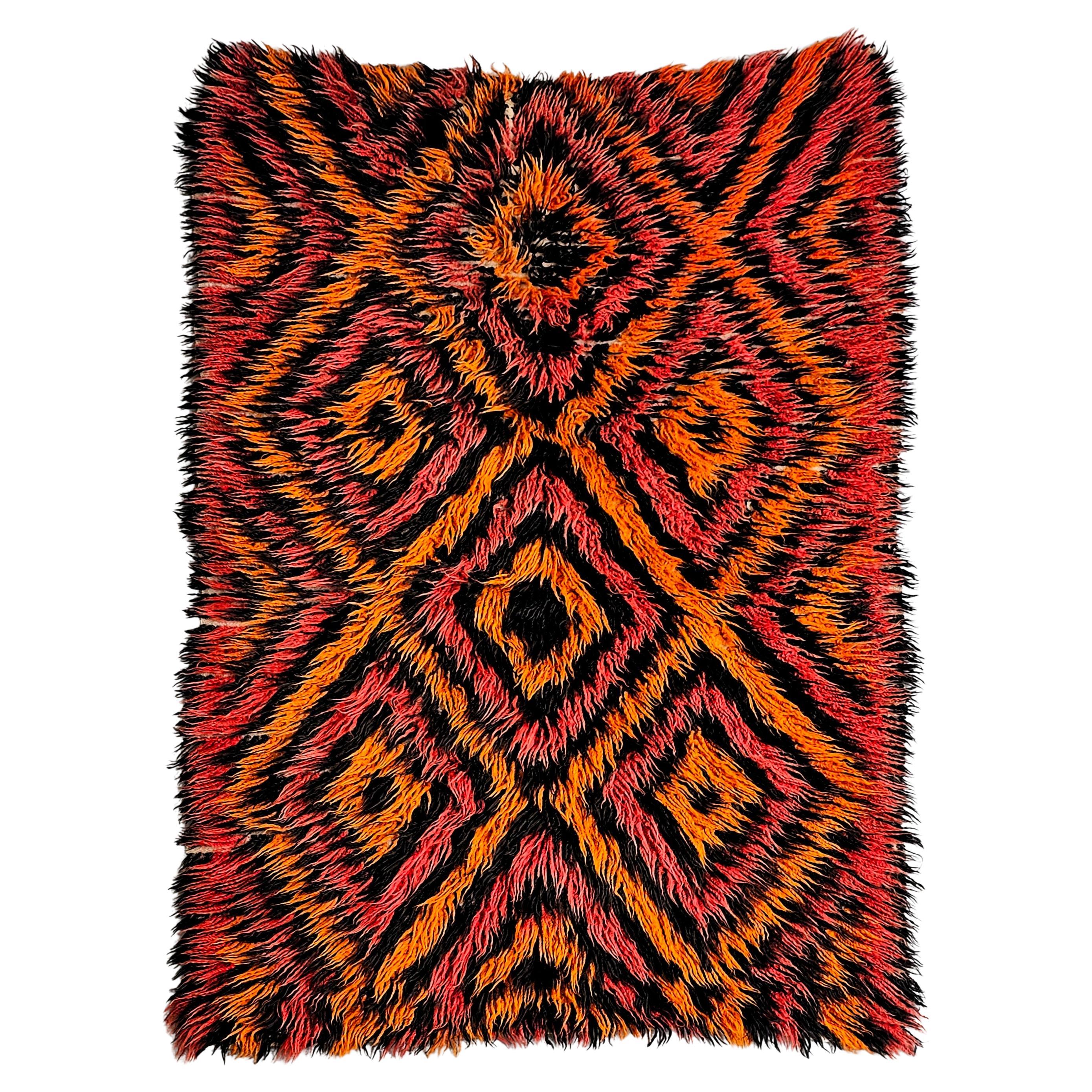 Vintage Geometrical Tulu Rug in orange, red and black wool, Yugoslavia 1960s For Sale