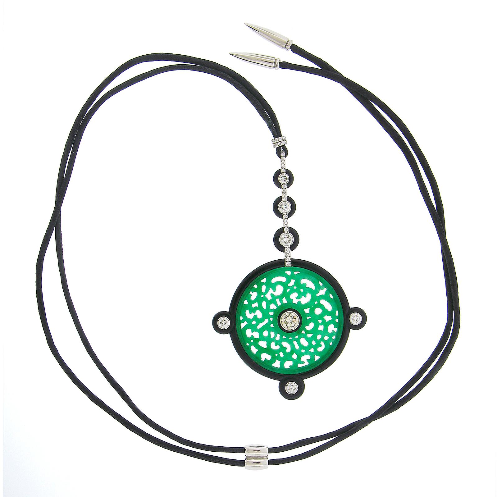 Vintage Georg Hornemann Carved Jadeite Jade Black Onyx Diamond Pendant Necklace For Sale 2