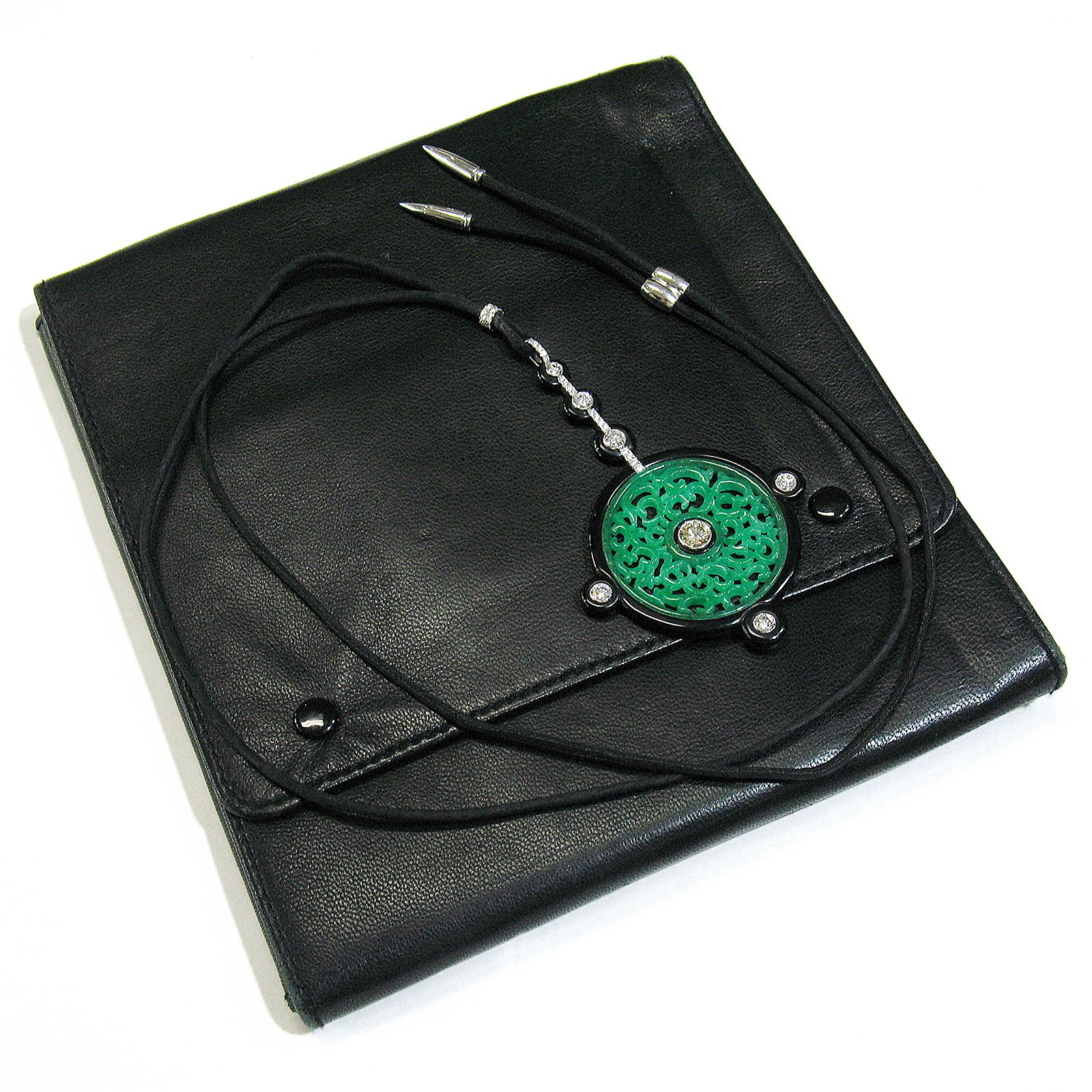 Vintage Georg Hornemann Carved Jadeite Jade Black Onyx Diamond Pendant Necklace For Sale 4
