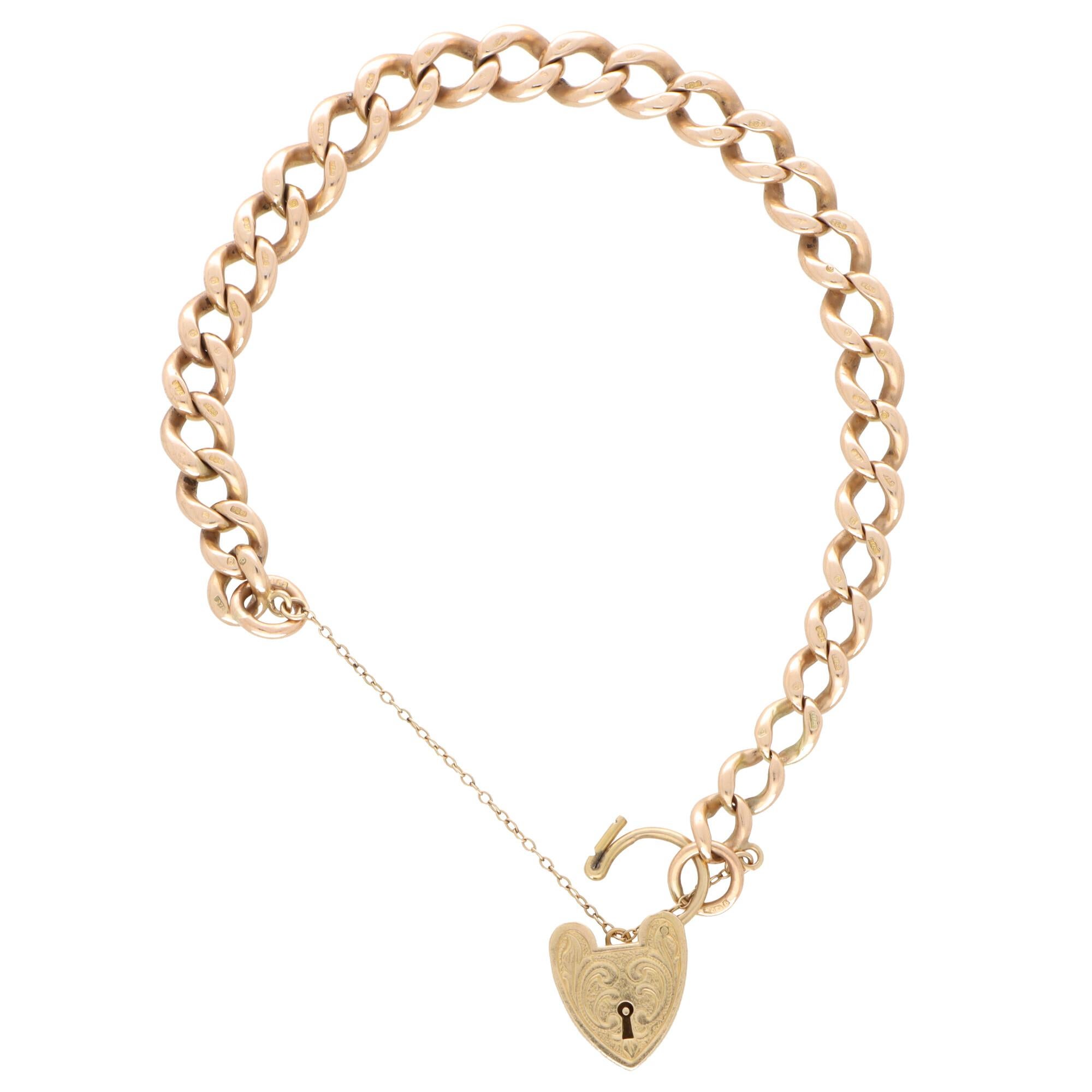 Retro Vintage Georg Jensen Flat Curb Heart Lock Charm Bracelet in 9k Rose Gold