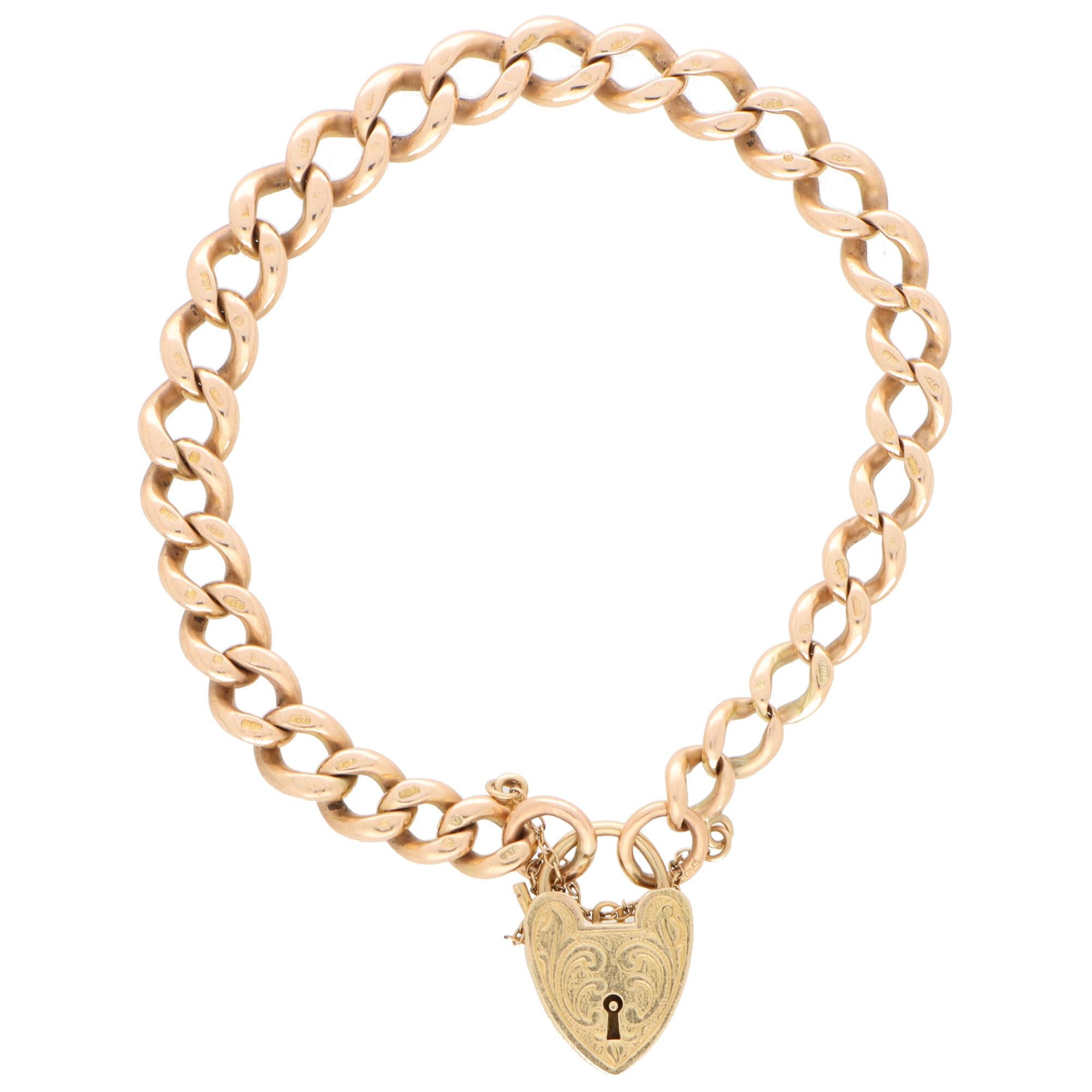 Vintage Georg Jensen Flat Curb Heart Lock Charm Bracelet in 9k Rose Gold