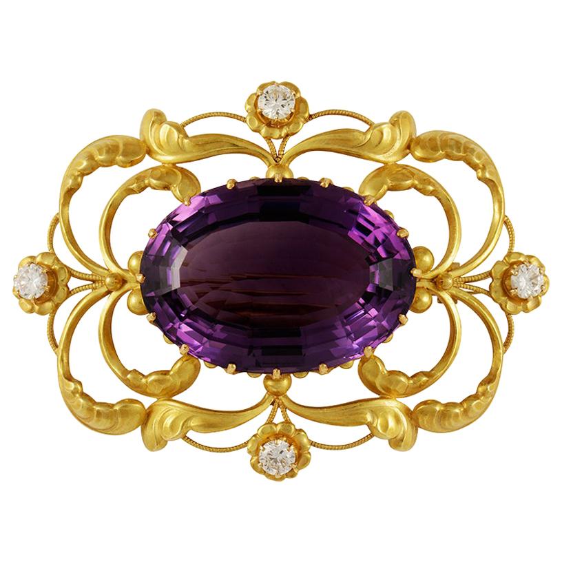 Vintage Georg Jensen Gold Brooch 21 Amethyst and Diamonds For Sale