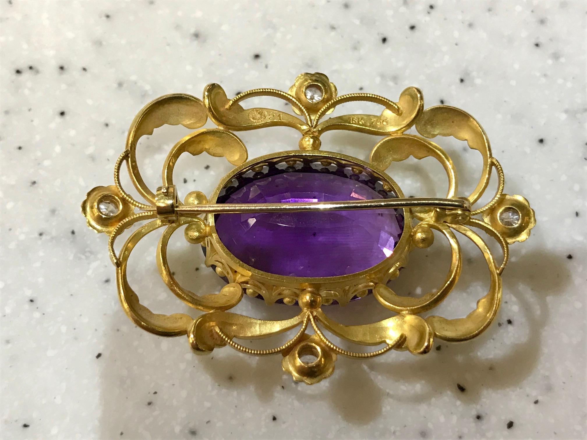 Oval Cut Vintage Georg Jensen Gold Brooch 21 Amethyst and Diamonds For Sale