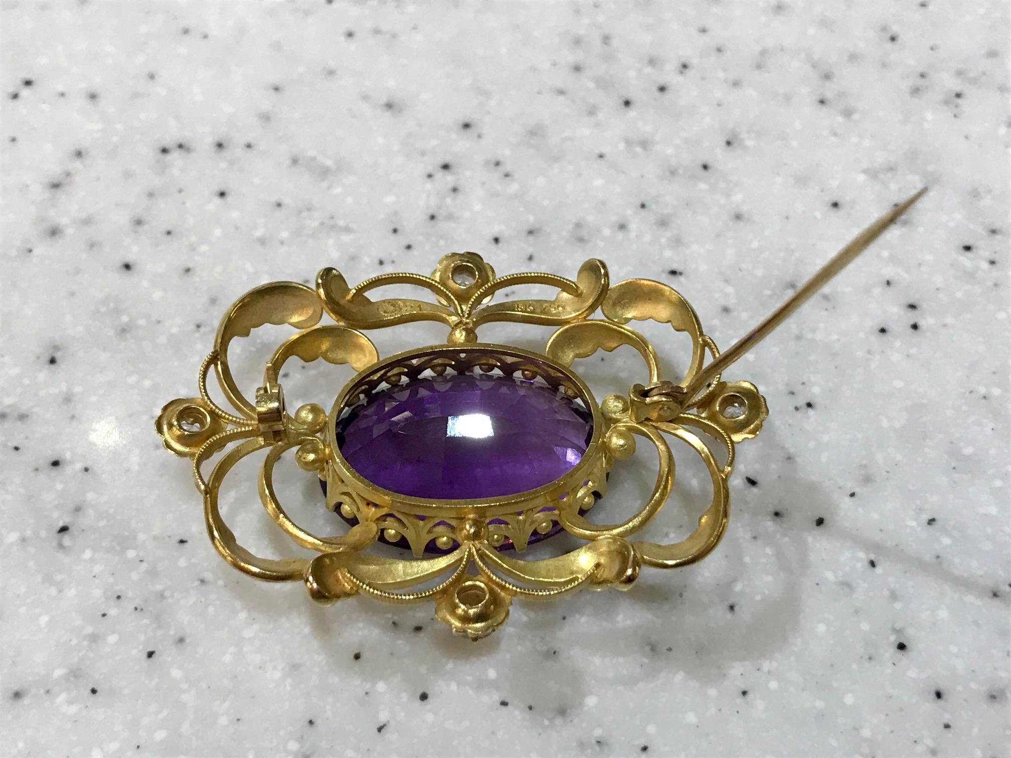 Vintage Georg Jensen Gold Brooch 21 Amethyst and Diamonds In Good Condition For Sale In Hellerup, DK