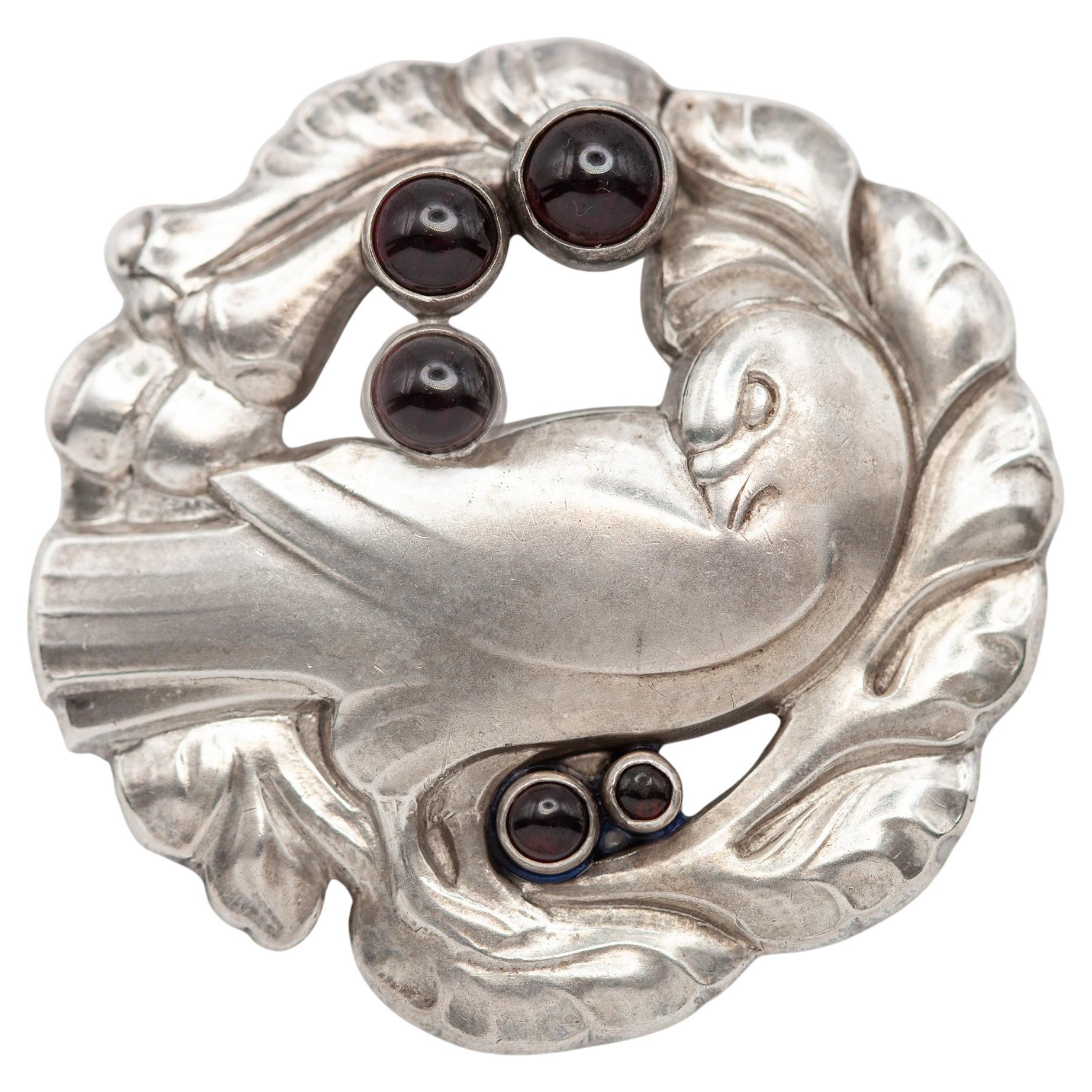 Vintage Georg Jensen No. 123 Sterling Dove Brooch with Cabochon Garnet