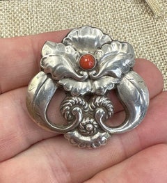 Vintage Georg Jensen Rare Coral Sterling Silver Orchid Flower Brooch Number 97