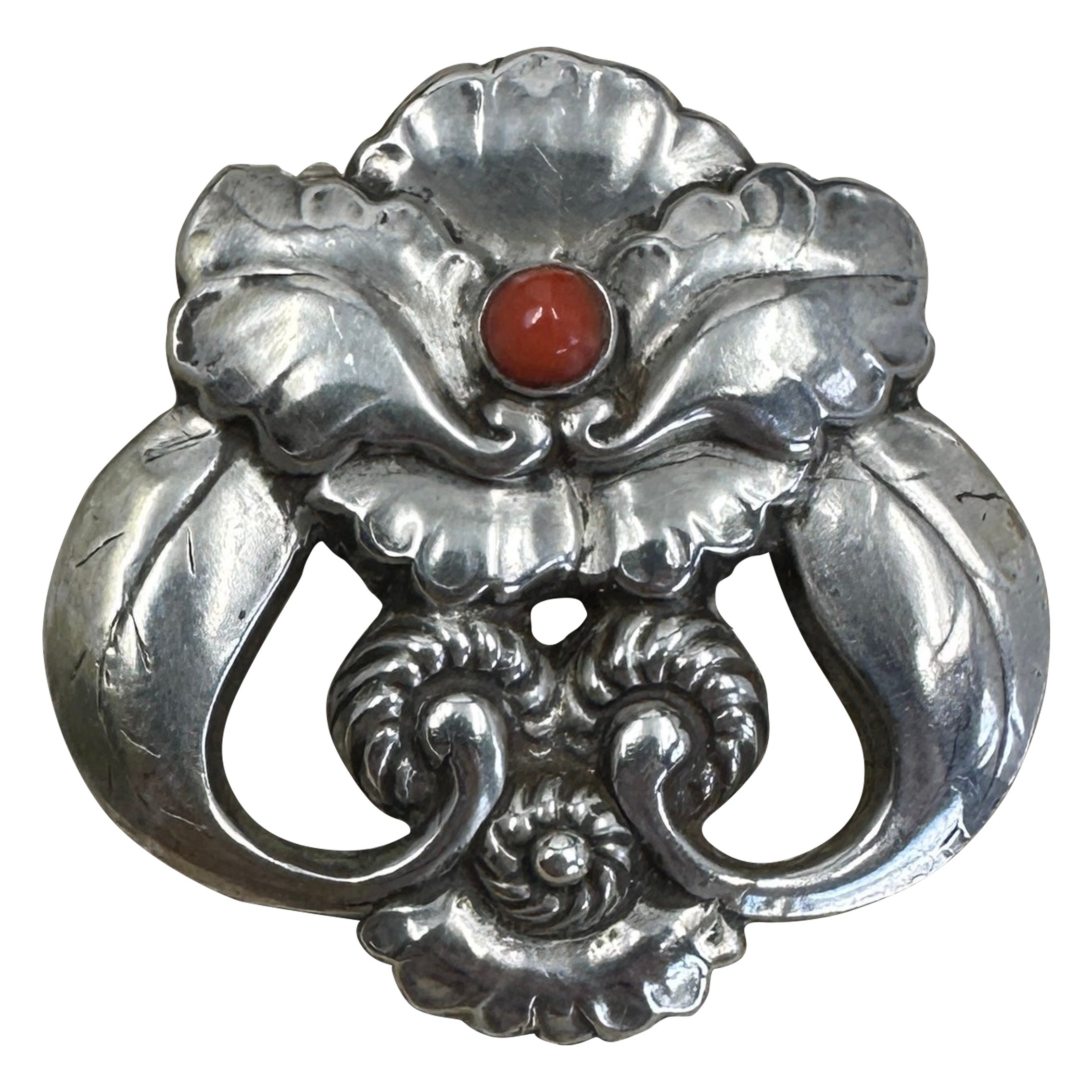 Vintage Georg Jensen Seltene Koralle Sterling Silber Orchidee Blume Brosche Nummer 97