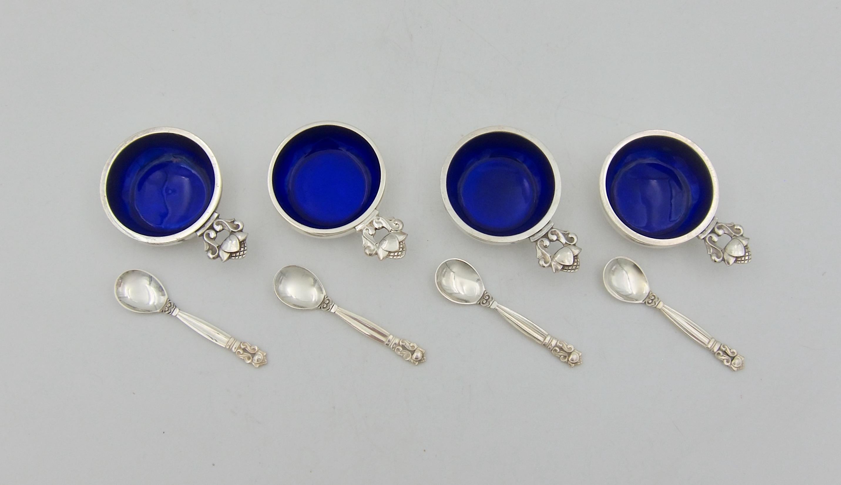 Danish Vintage Georg Jensen Sterling Silver and Blue Enamel Acorn Salt Cellars Set of 4