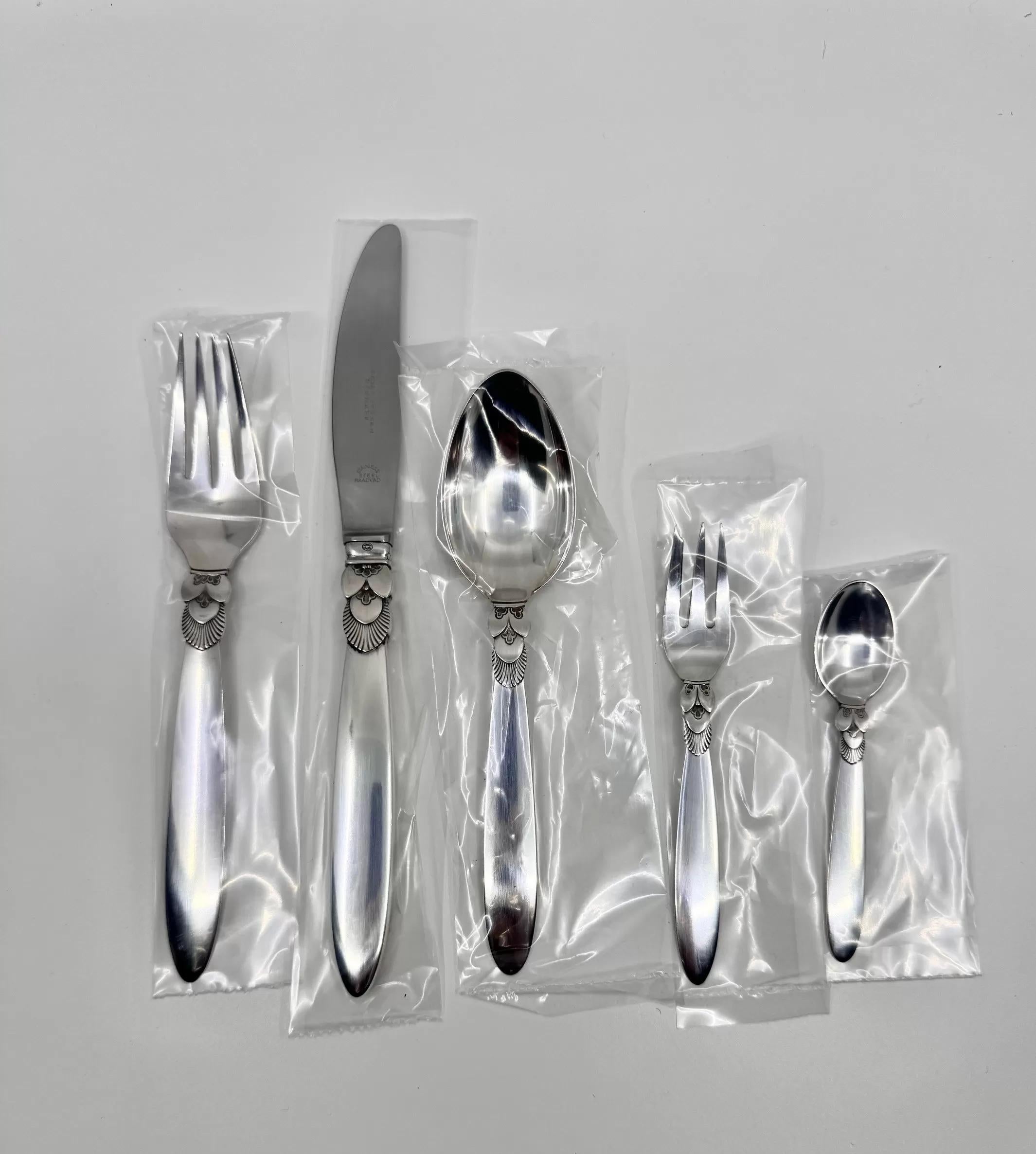 Hand-Crafted Vintage Georg Jensen Sterling Silver Cactus Silverware Service For Sale