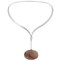 Retro Georg Jensen Torun Sterling Rutilated Quartz Pendant Necklace Neck Ring