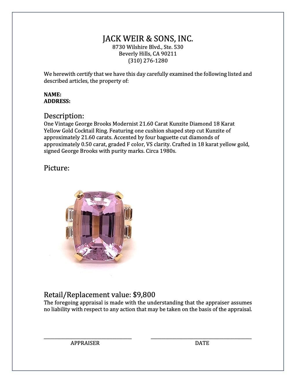 Vintage George Brooks Modernist 21.60 Carat Kunzite Diamond 18 Karat Gold Ring In Excellent Condition In Beverly Hills, CA