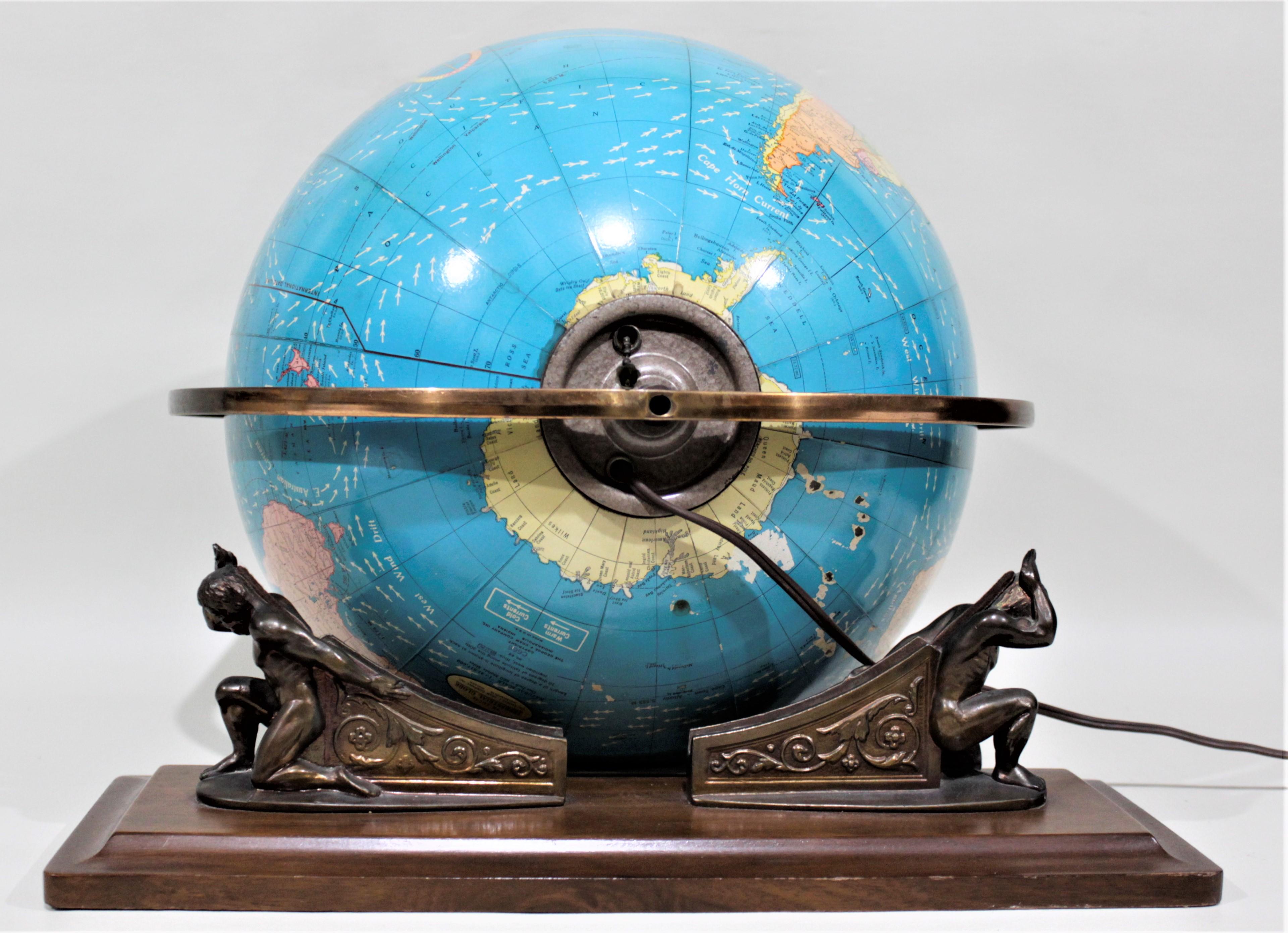 Vintage George F. Cram Co. Figural Brass Atlas Illuminated Terrestrial Globe 1