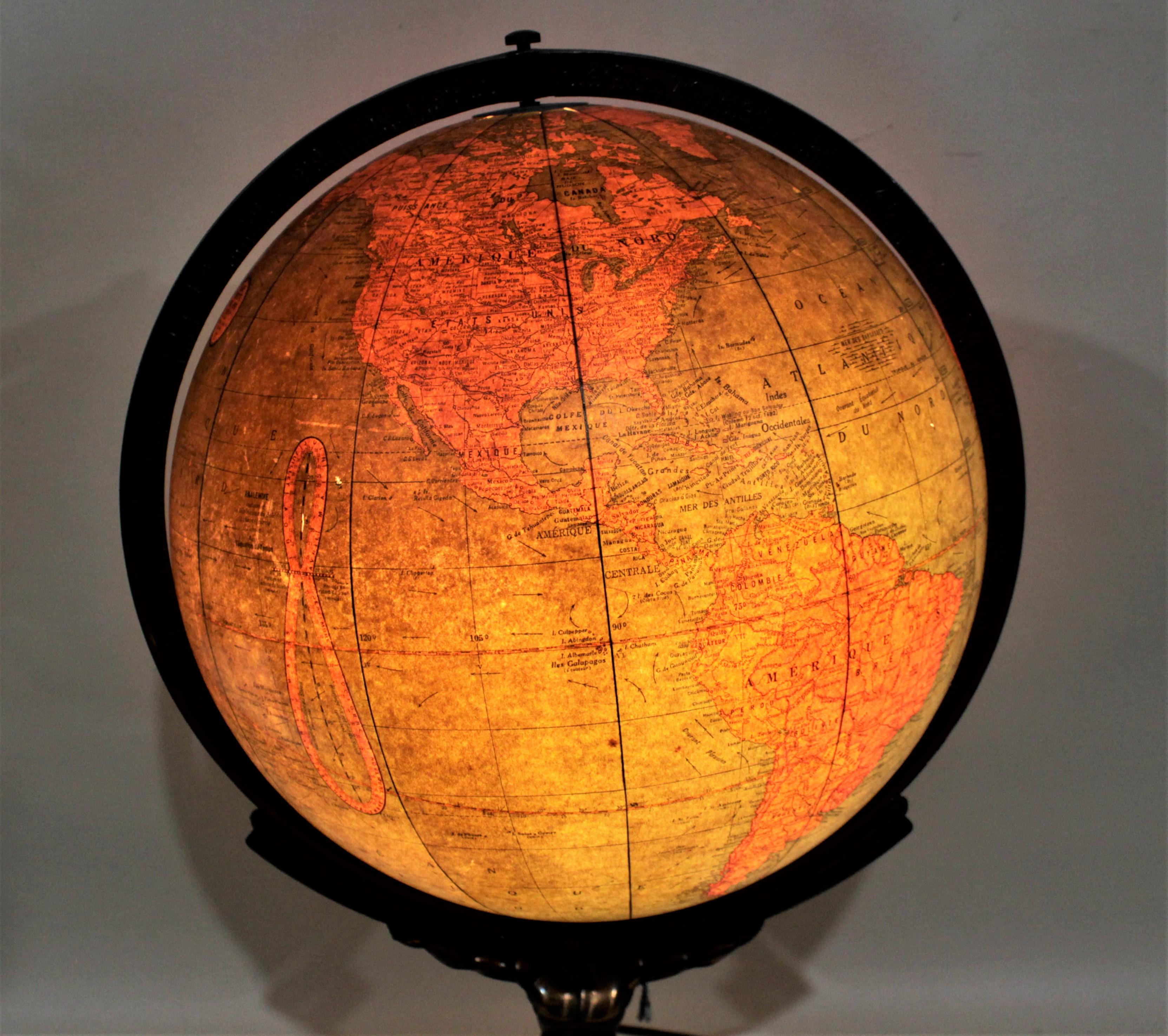 Vintage George F. Cram Co. Figural Brass Atlas Illuminated Terrestrial Globe 3