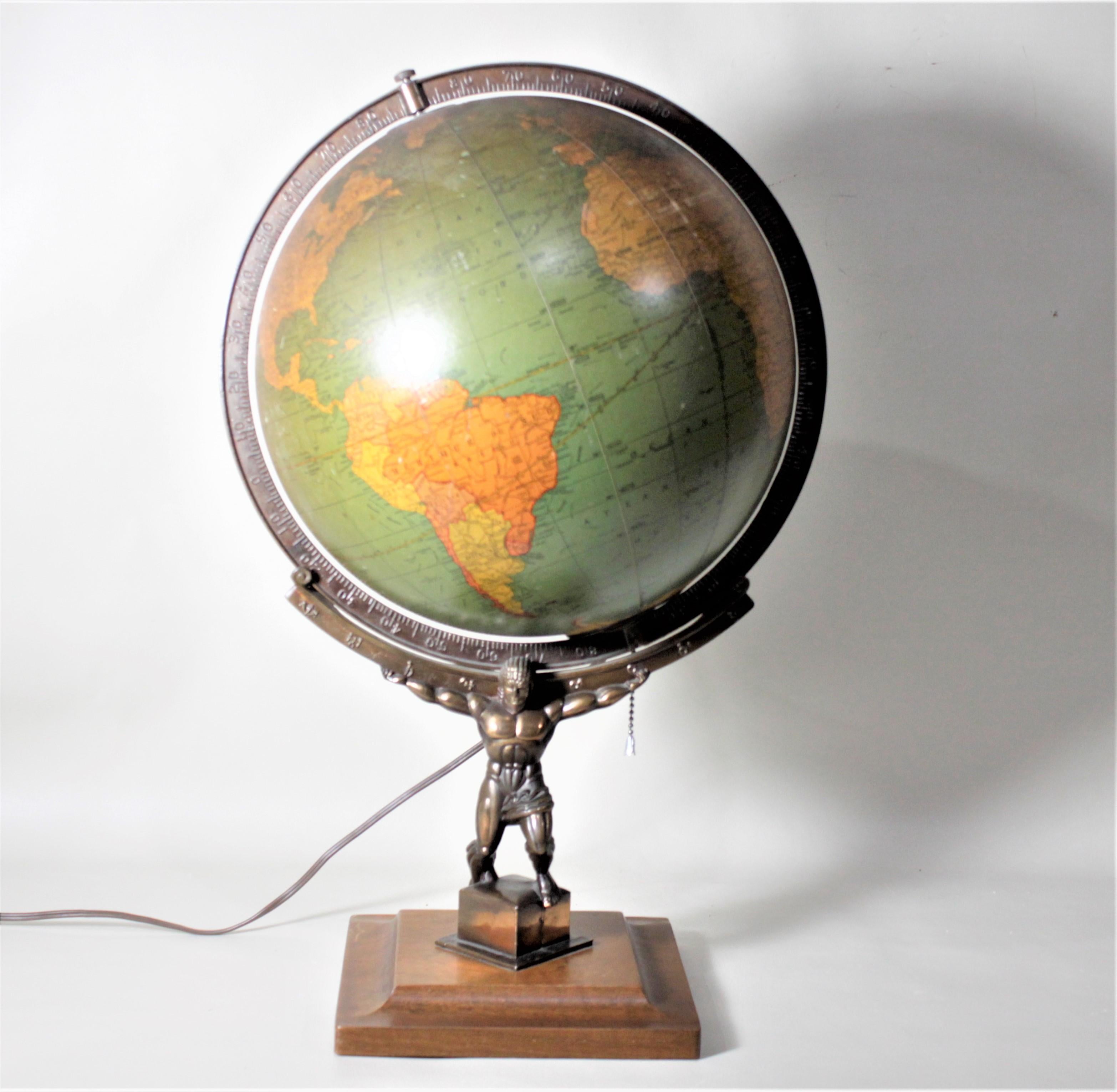 This illuminated terrestrial globe was made by the George F. Cram Company of the United States who is well known for the production of initially maps and diversified to include globes since 1928. This globe is presumed to have been made in