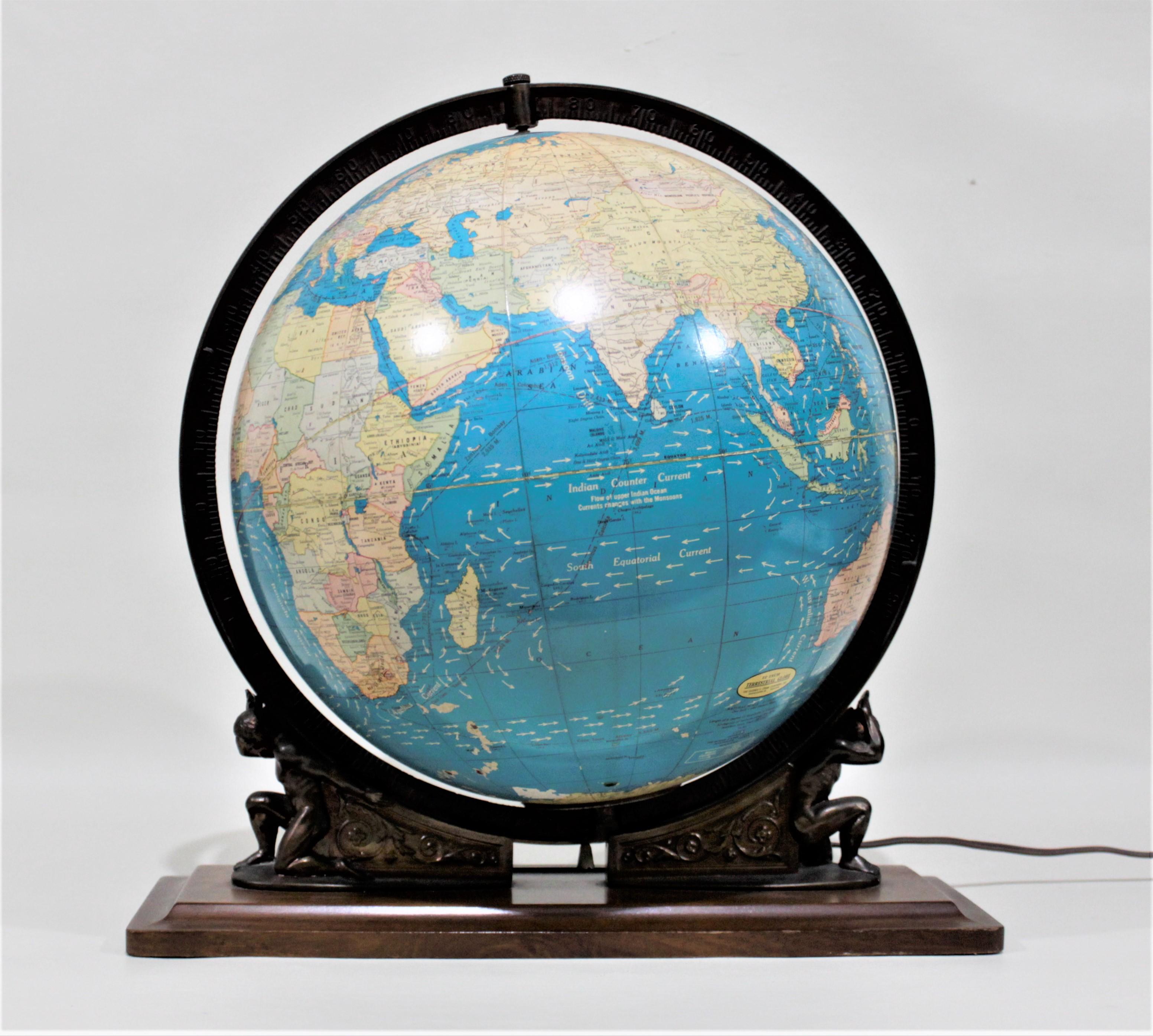 This illuminated terrestrial globe was made by the George F. Cram Company of the United States who is well known for the production of initially maps and diversified to include globes since 1928. This globe was produced in 1966 in the style of the