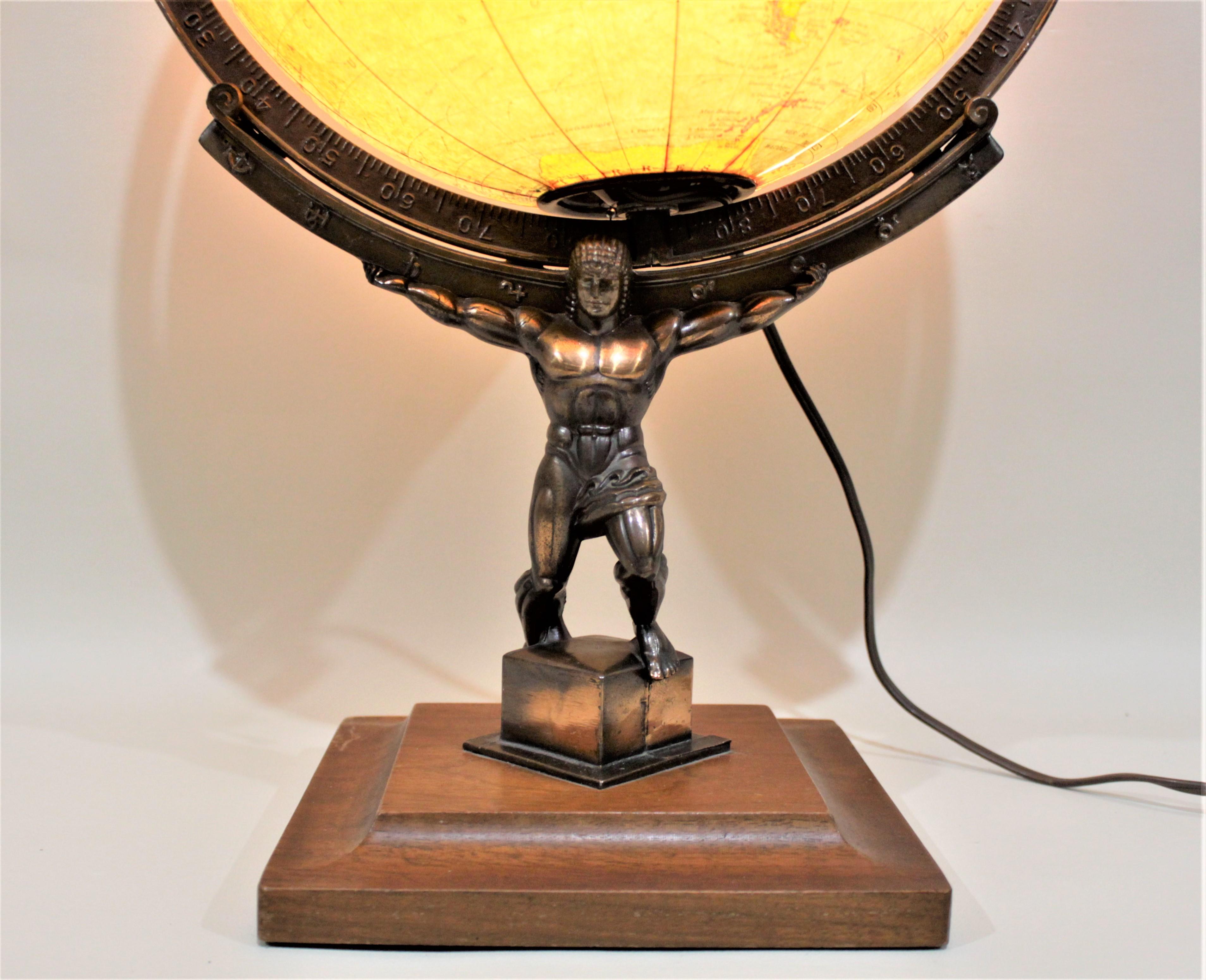 Art Deco Vintage George F. Cram Co. Figural Brass Atlas Illuminated Terrestrial Globe