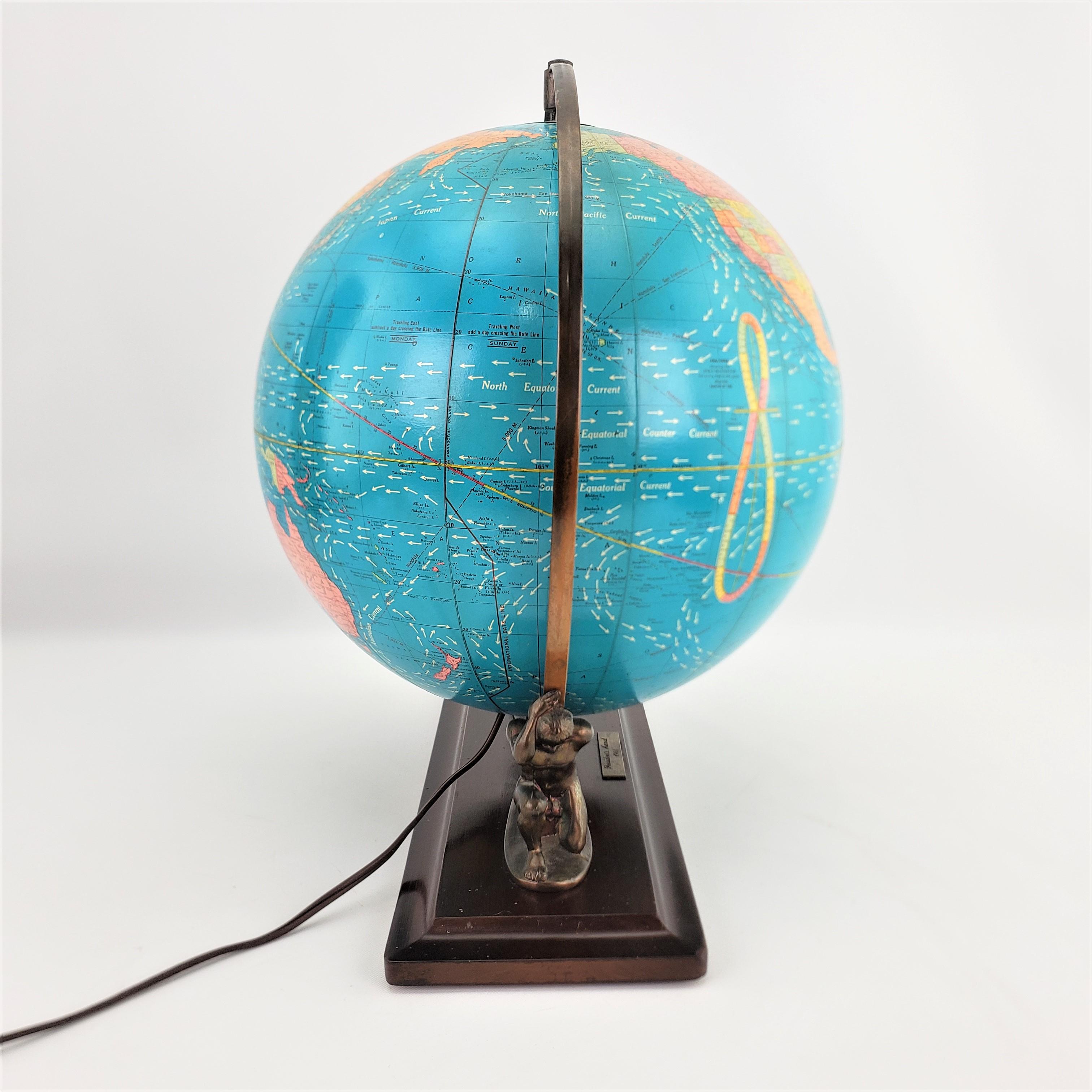 Art Deco Vintage George F. Cram Co. Figural Brass Atlas Illuminated Terrestrial Globe