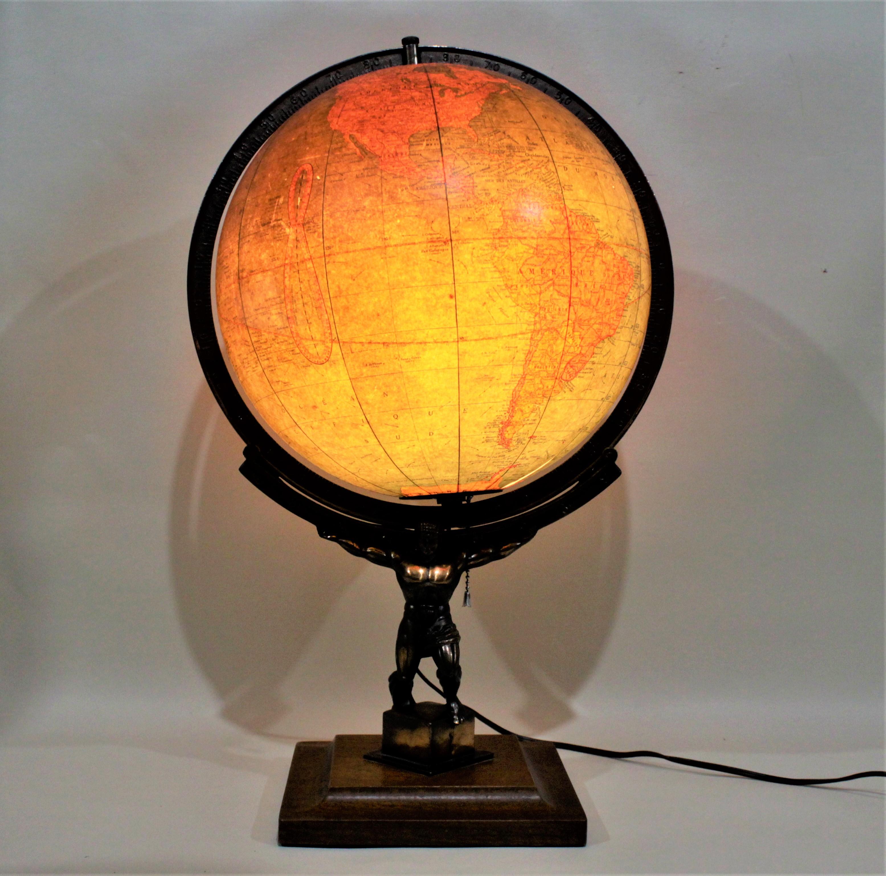 American Vintage George F. Cram Co. Figural Brass Atlas Illuminated Terrestrial Globe