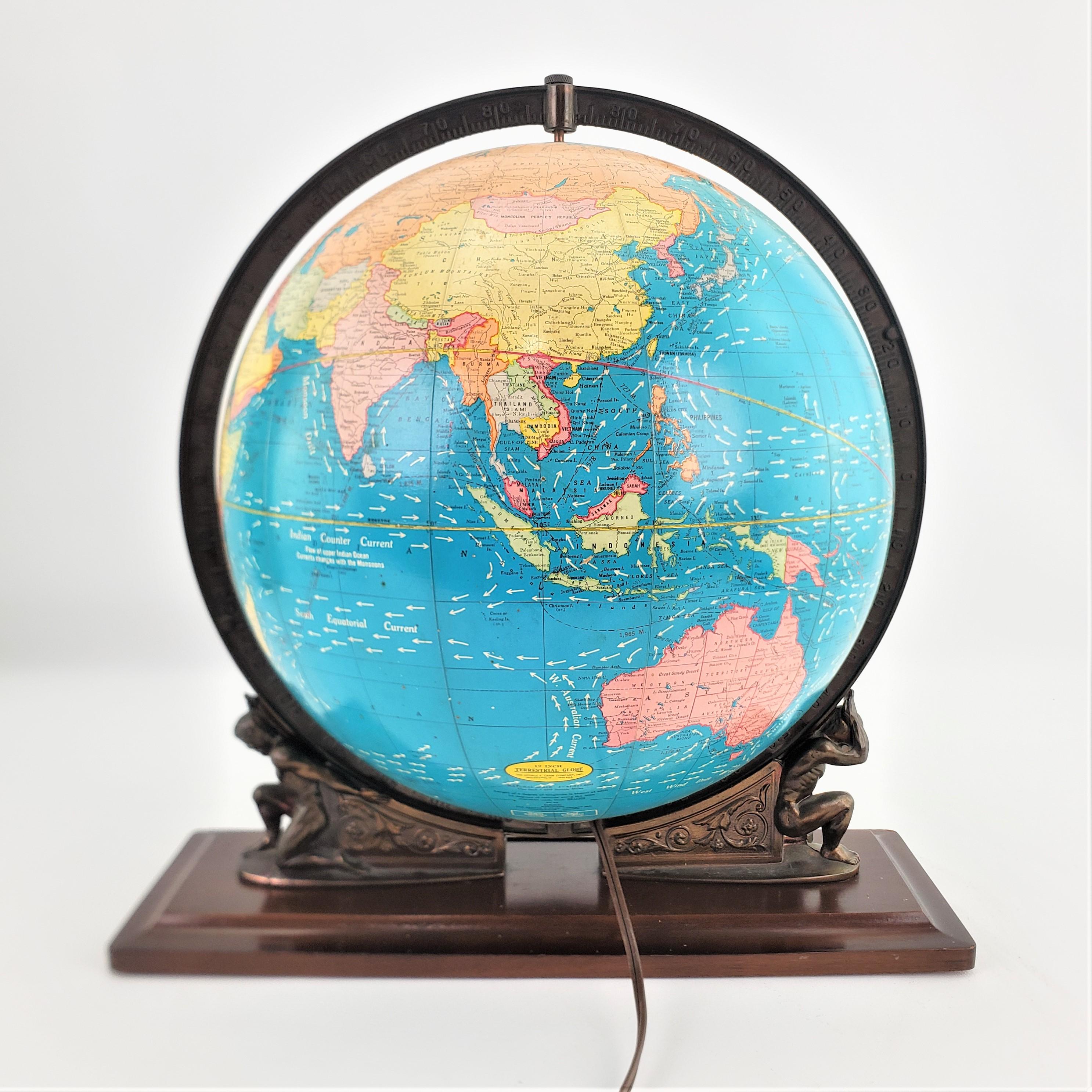 American Vintage George F. Cram Co. Figural Brass Atlas Illuminated Terrestrial Globe