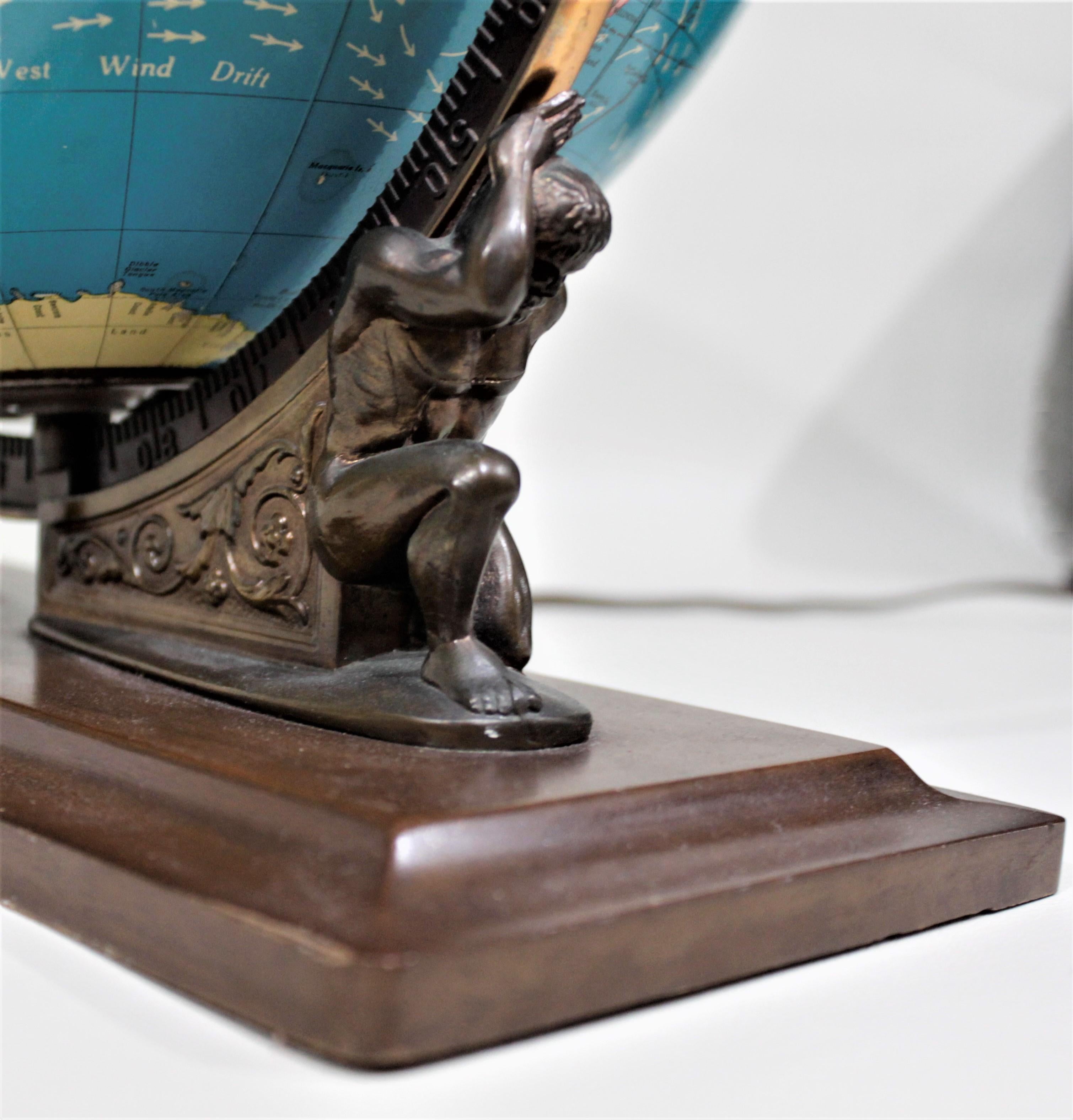 Machine-Made Vintage George F. Cram Co. Figural Brass Atlas Illuminated Terrestrial Globe