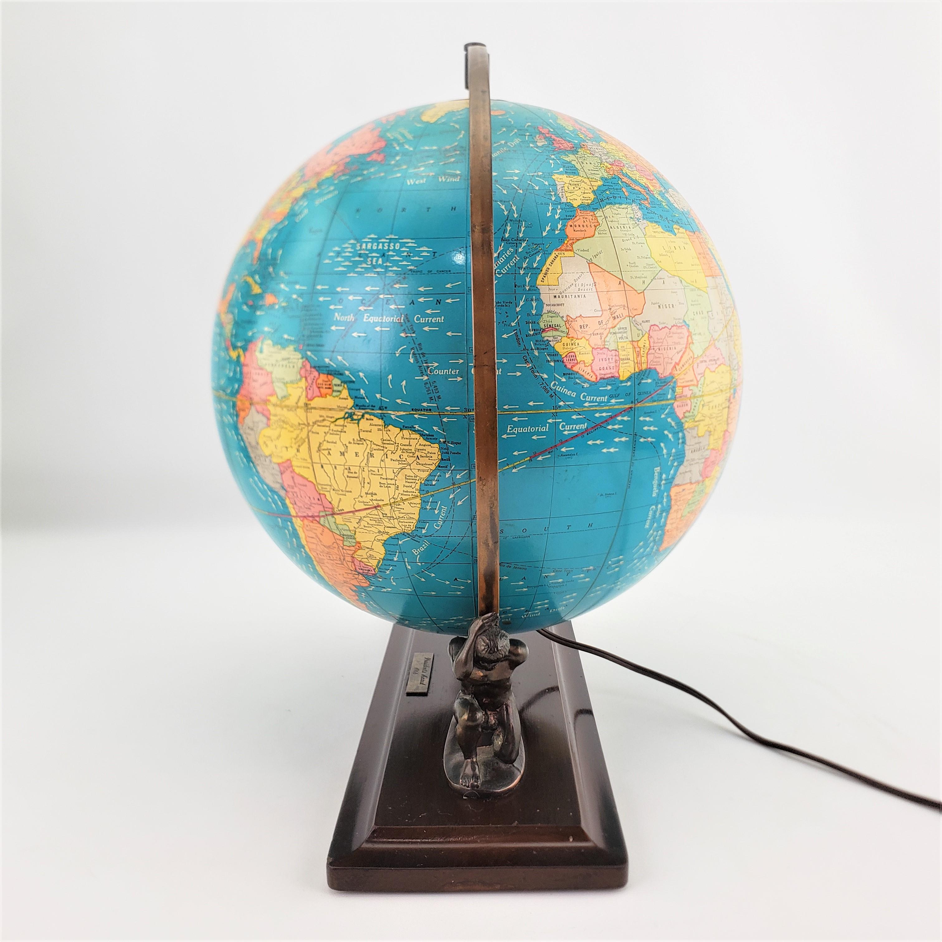 Cast Vintage George F. Cram Co. Figural Brass Atlas Illuminated Terrestrial Globe