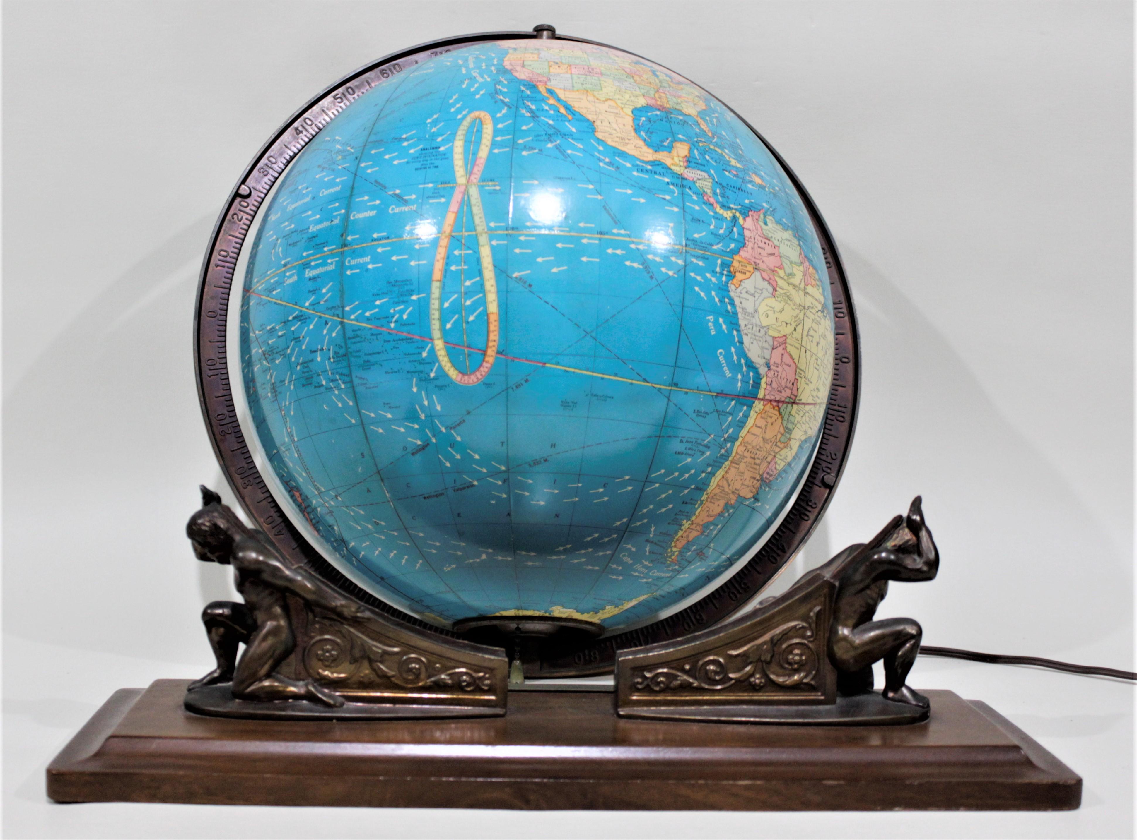 Vintage George F. Cram Co. Figural Brass Atlas Illuminated Terrestrial Globe In Good Condition In Hamilton, Ontario