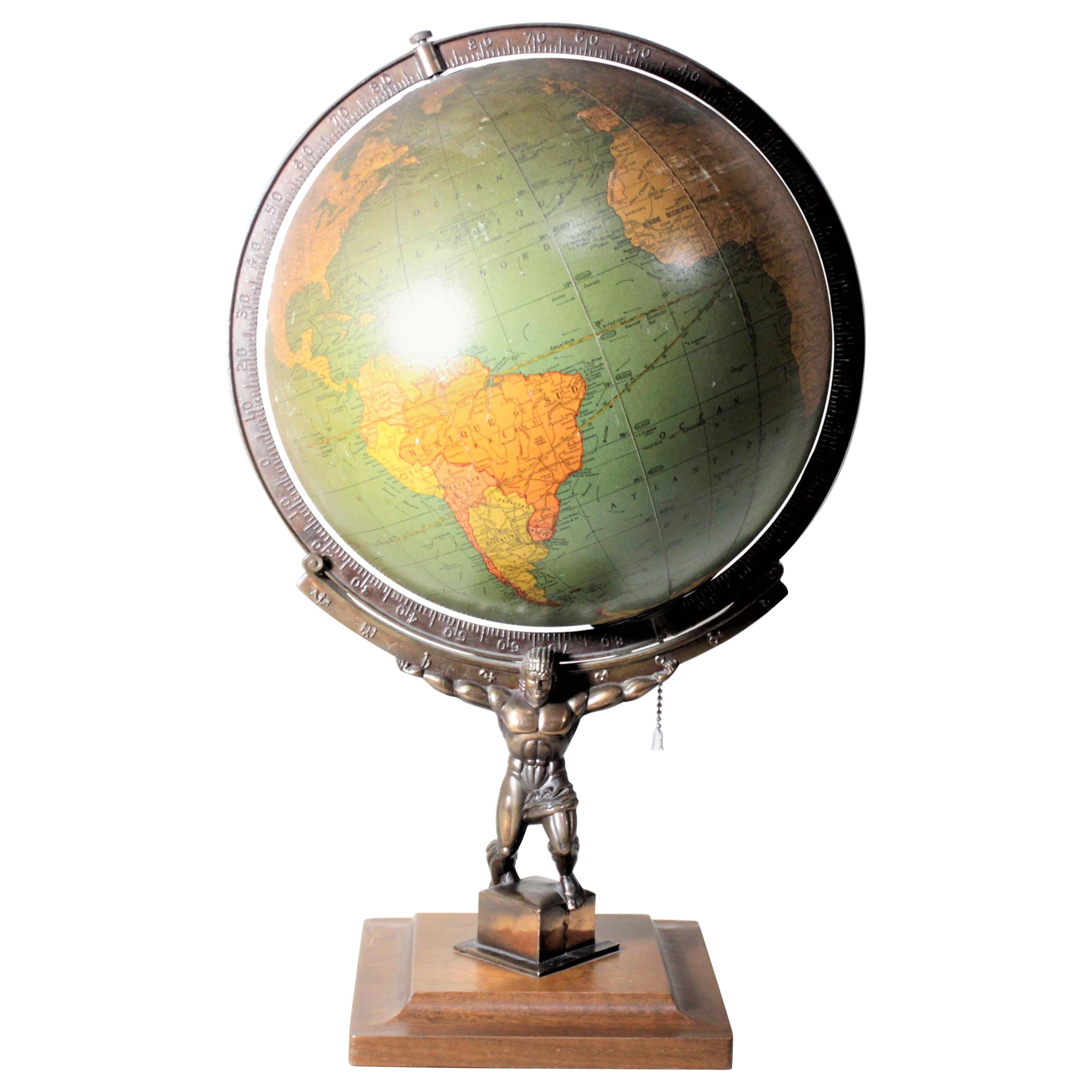 Vintage George F. Cram Co. Figural Brass Atlas Illuminated Terrestrial Globe