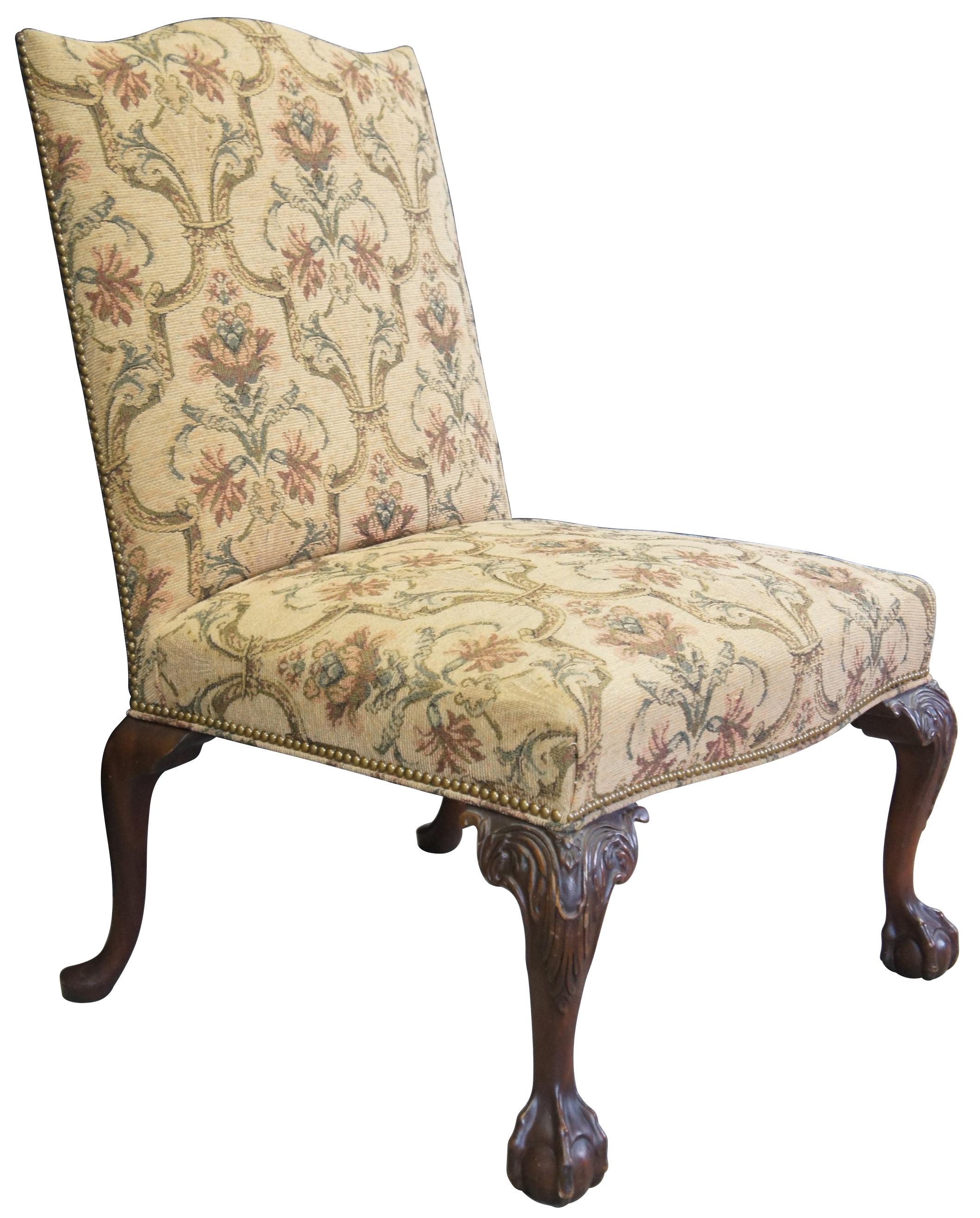 Vintage George II Chippendale Style Mahogany Library Side Chair Brocade Fabric In Good Condition In Dayton, OH