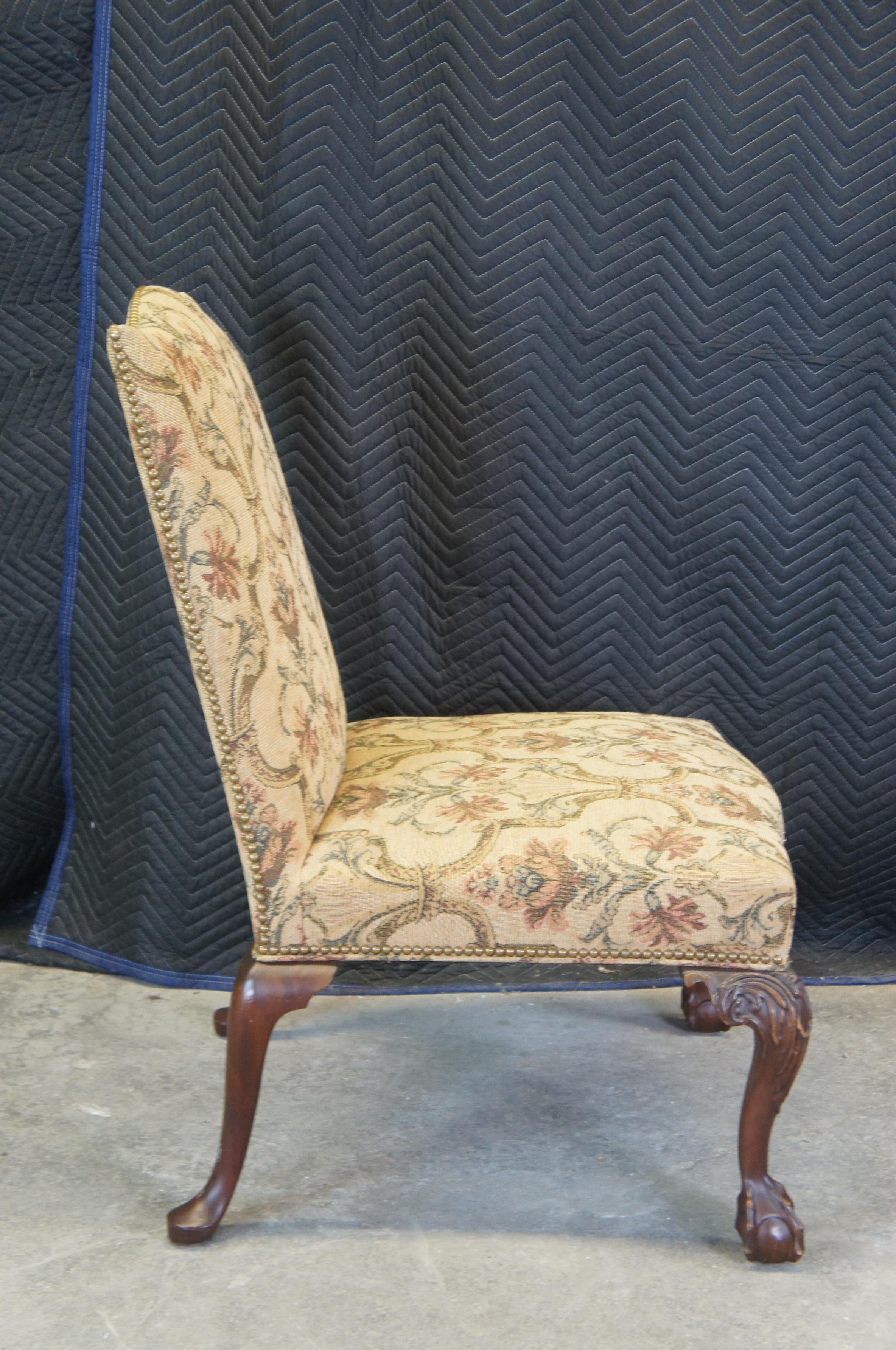 20th Century Vintage George II Chippendale Style Mahogany Library Side Chair Brocade Fabric