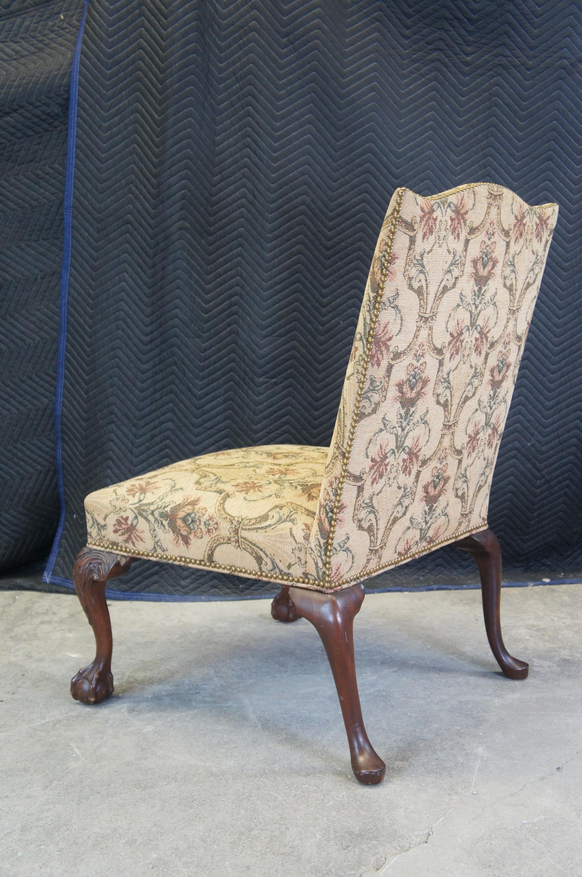 Vintage George II Chippendale Style Mahogany Library Side Chair Brocade Fabric 2