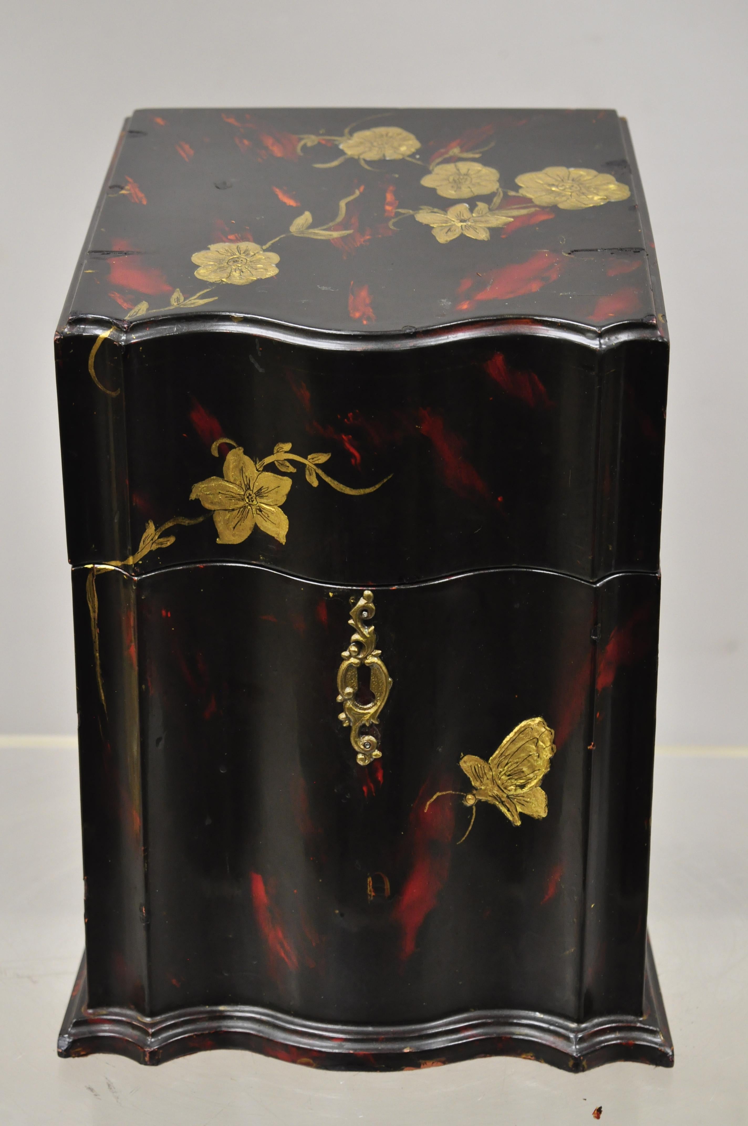 Vintage George III style lacquered wood hand painted butterfly flower knife box. Item features red lacquer painted finish, gold painted flowers, solid wood construction, very nice antique item, circa early 1900s. Measurements: 12.5