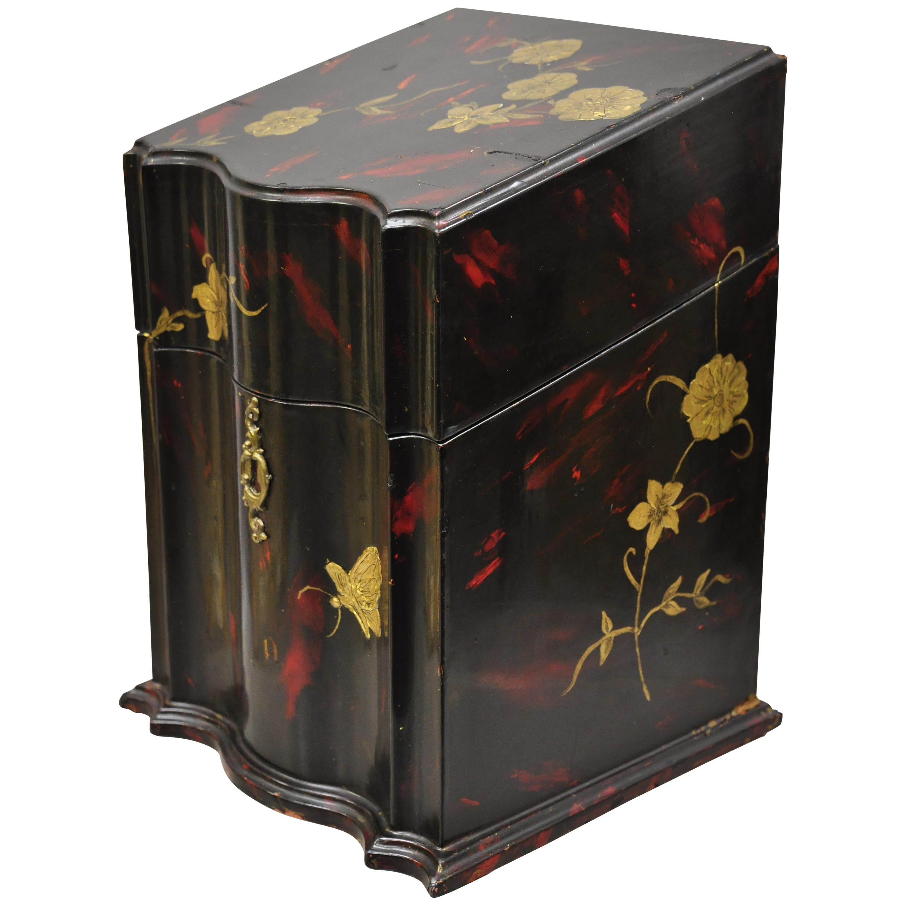 Vintage George III Style Lacquered Wood Hand Painted Butterfly Flower Knife Box For Sale