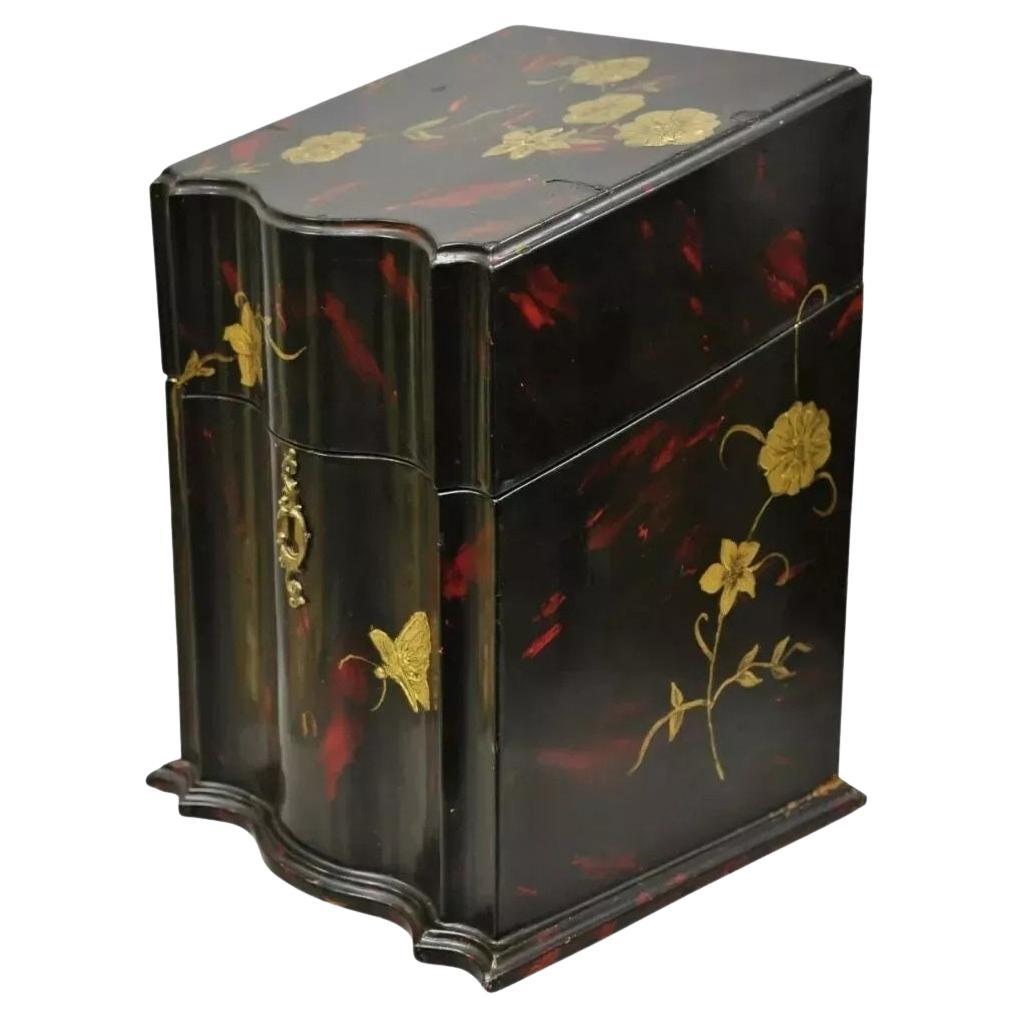 Vintage George III Style Lacquered Wood Hand Painted Butterfly Flower Knife Box