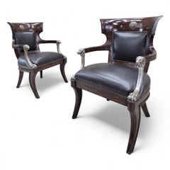 Vintage George IV English Regency Style Black Leather Chairs - Pair