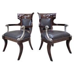 Vintage George IV English Regency Style Black Leather Chairs - Pair