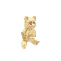 Vintage George Lederman 18k Yellow Gold Ruby Diamond Teddy Bear Pin Brooch