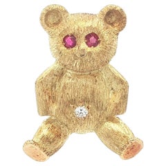 Vintage George Lederman 18k Yellow Gold Ruby Diamond Teddy Bear Pin Brooch