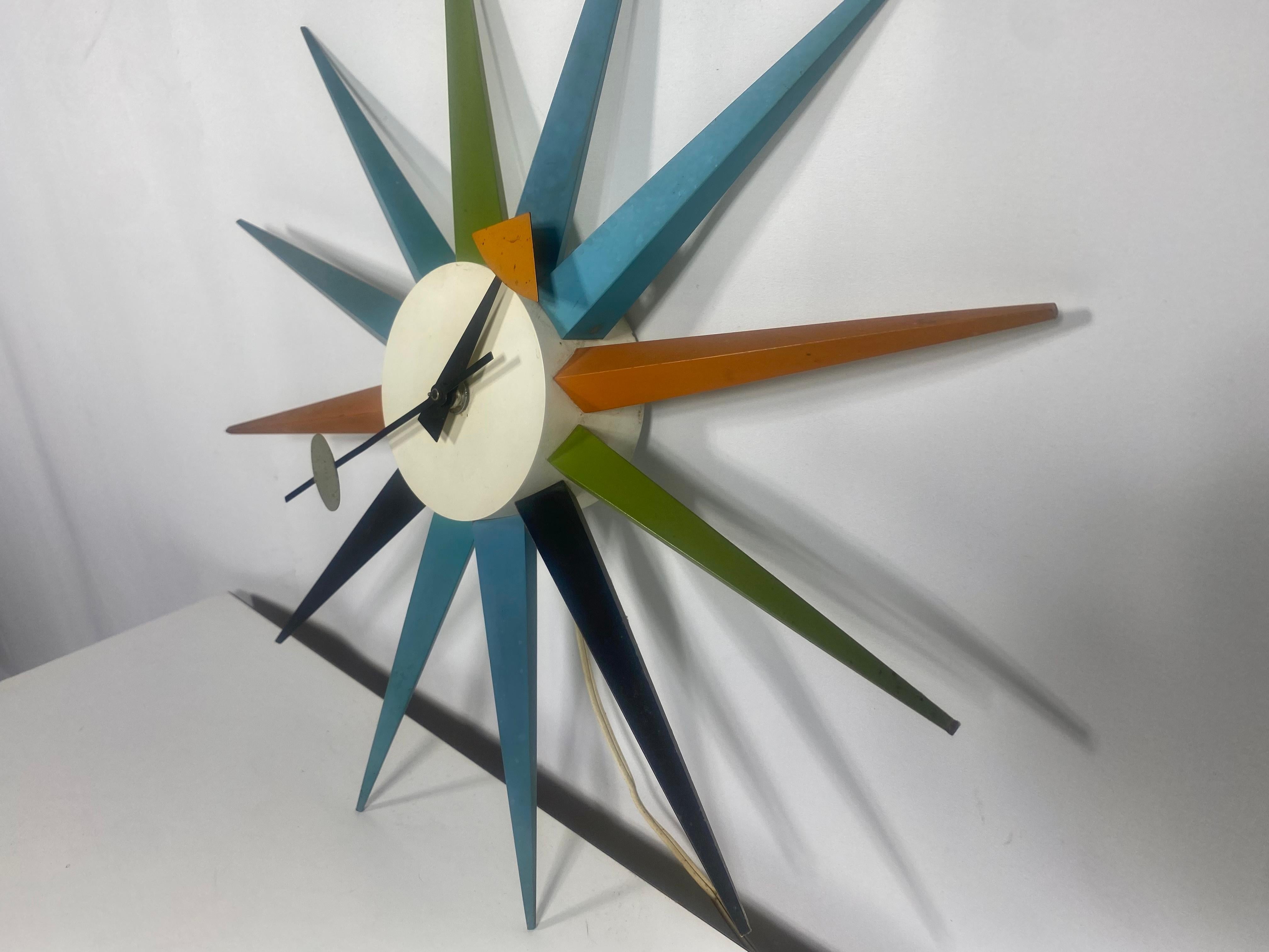 Mid-Century Modern Vintage George Nelson / Howard Miller Multi-color Spike / Starburst Clock For Sale