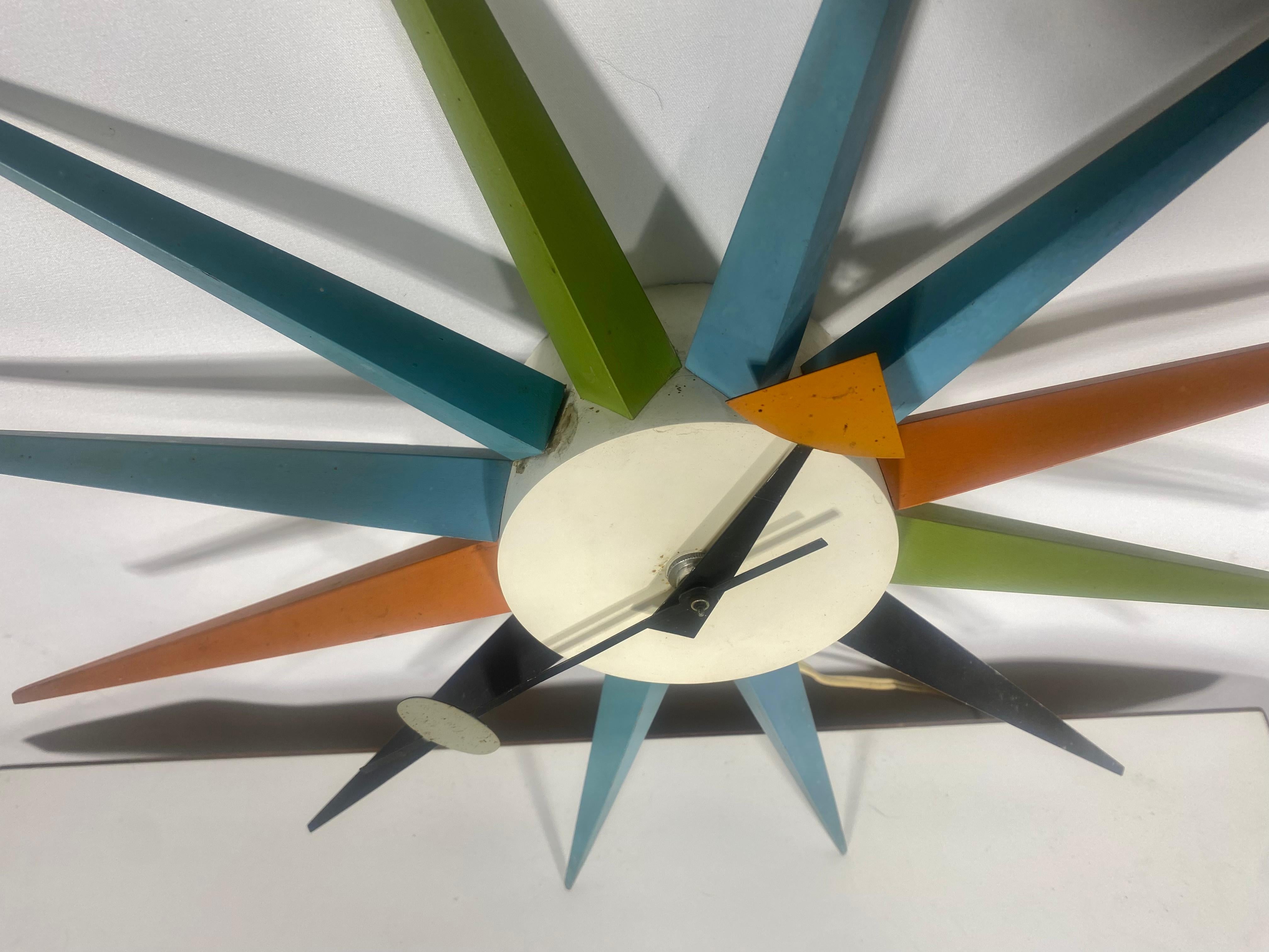 American Vintage George Nelson / Howard Miller Multi-color Spike / Starburst Clock For Sale