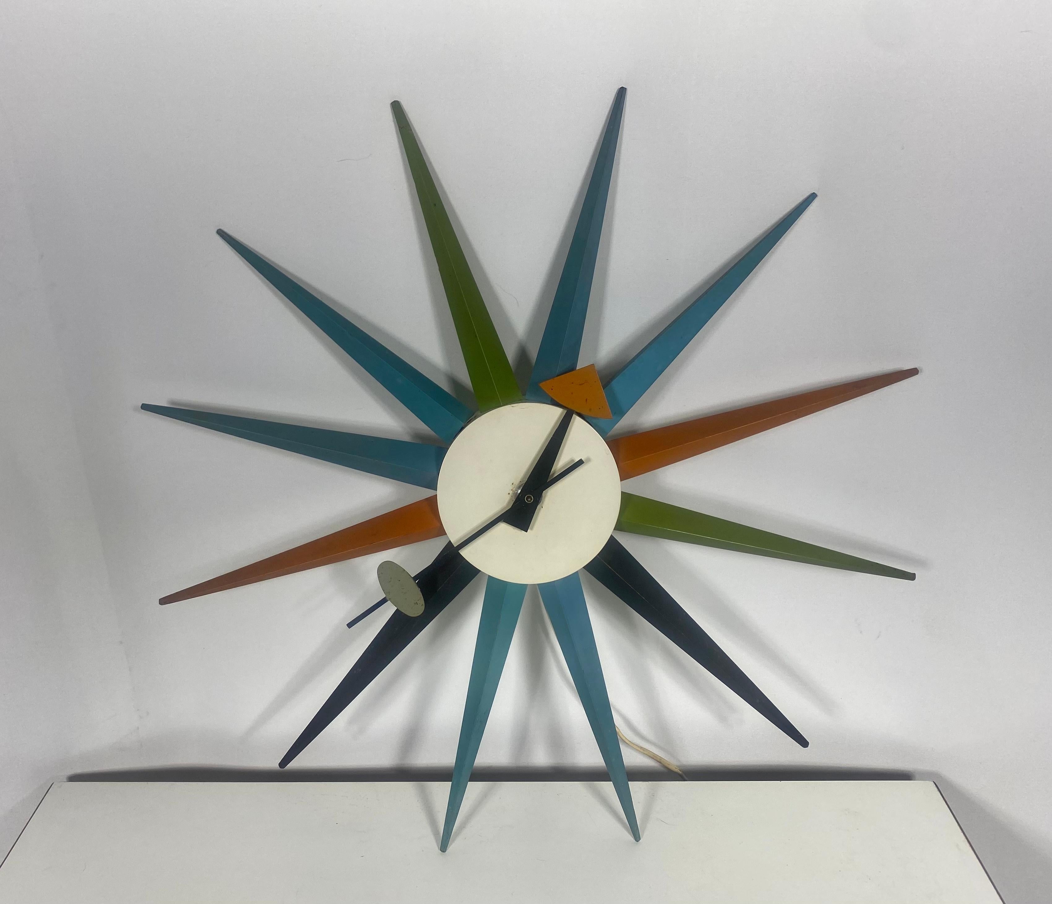 Painted Vintage George Nelson / Howard Miller Multi-color Spike / Starburst Clock For Sale
